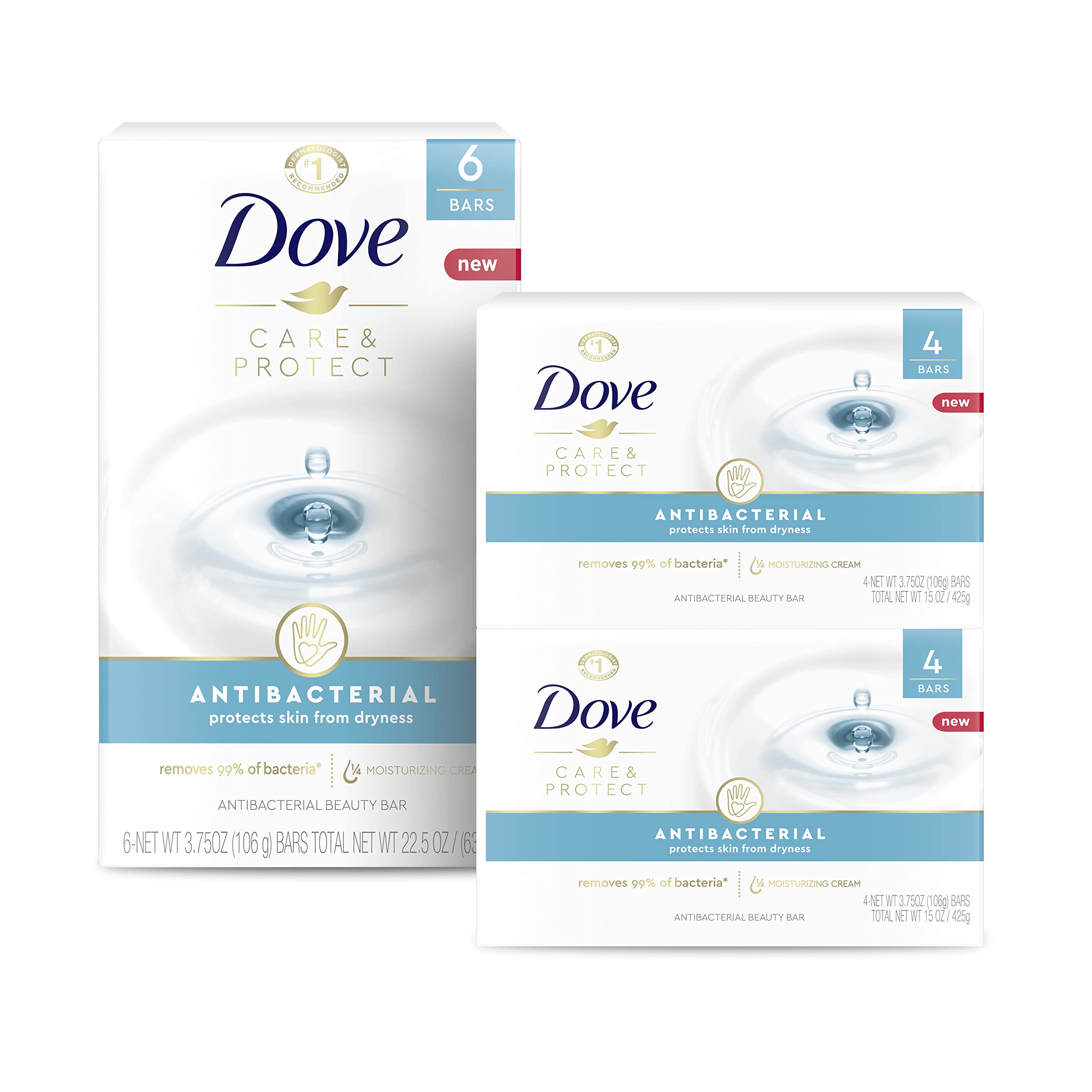 Dove Beauty Bar Soap Antibacterial Care 6 Count For Clean, Moisturized Skin, Removes Bacteria 3.75 oz
