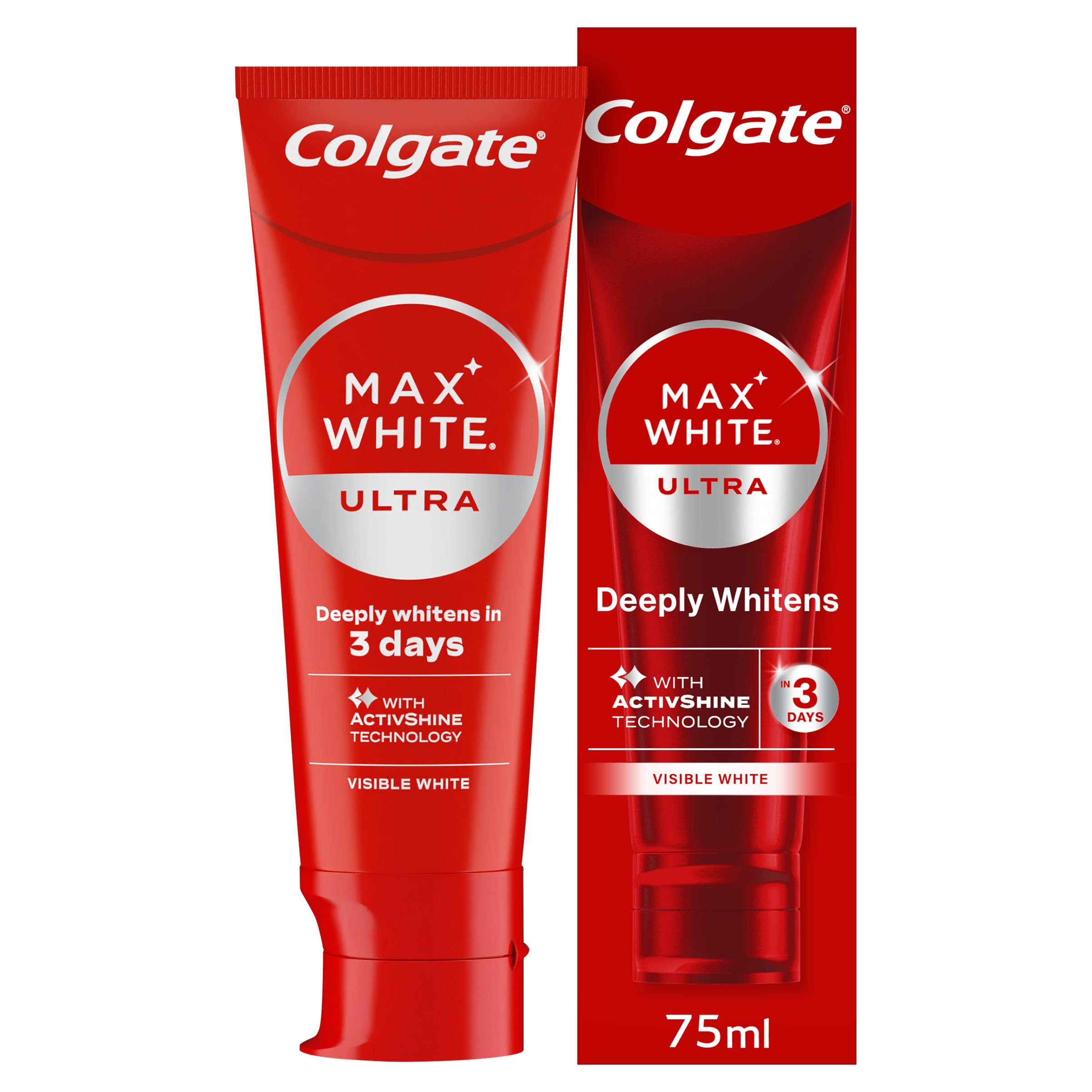 Colgate Max White Ultra+ Enamel Toothpaste 75ml, Whitens Deep Stains for 5X Whiter Teeth, ActiveShine Technology Smoothes Enamel Surface to Reflect Light, Protects and Remineralises Enamel
