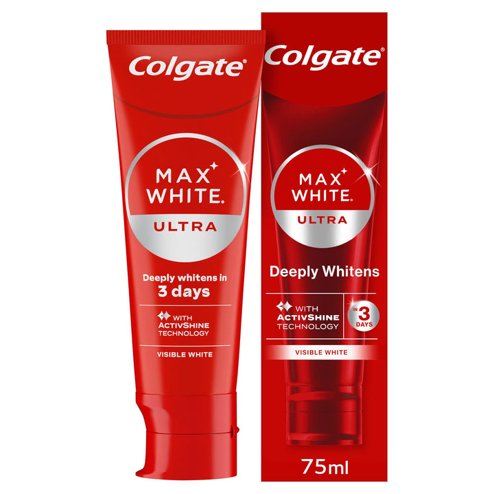 Colgate Max White Ultra+ Enamel Toothpaste 75ml, Whitens Deep Stains for 5X Whiter Teeth, ActiveShine Technology Smoothes Enamel Surface to Reflect Light, Protects and Remineralises Enamel