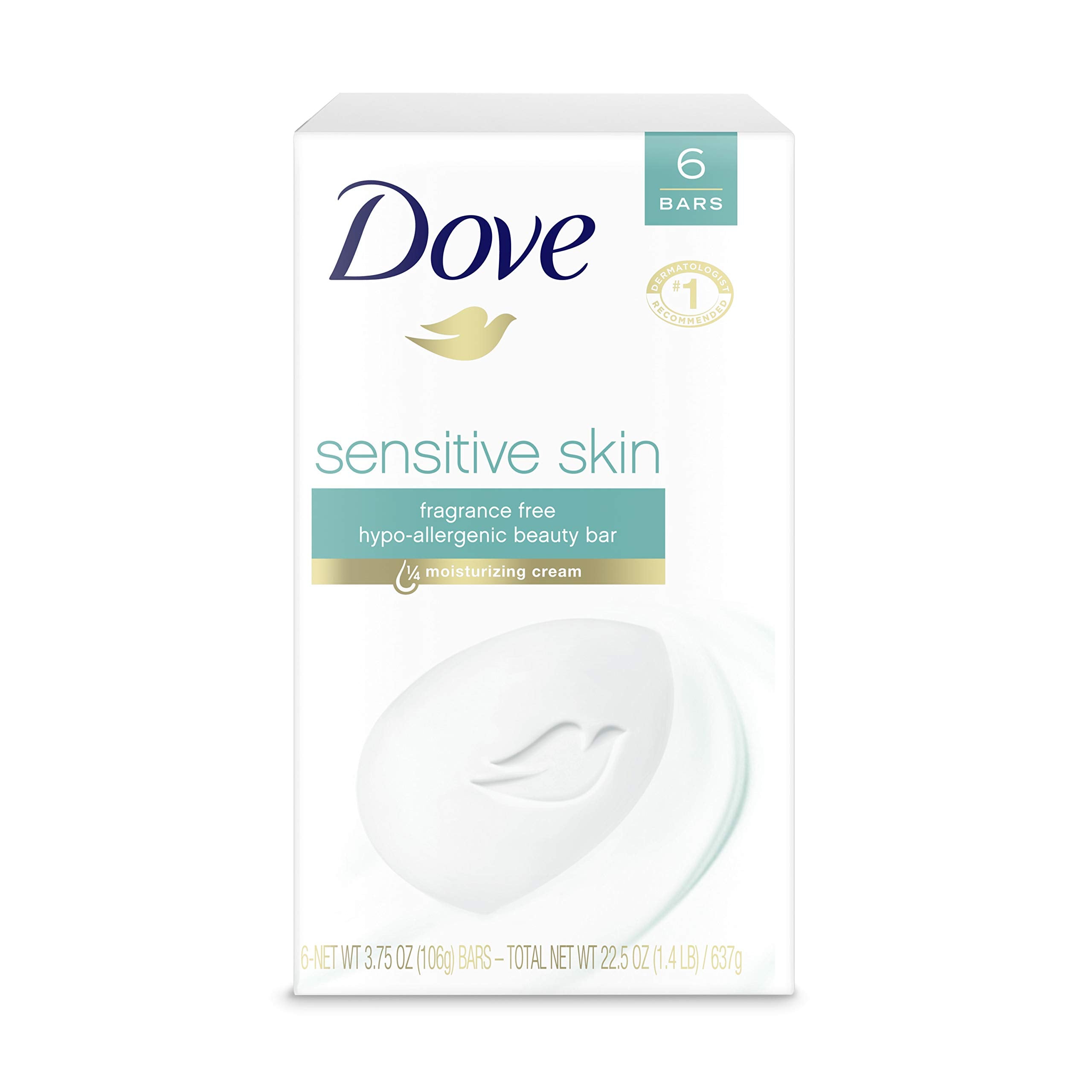 Dove Beauty Bar Soap Sensitive, 8 Bars for Sensitive Skin, Fragrance Free and Hypoallergenic 3.75 oz