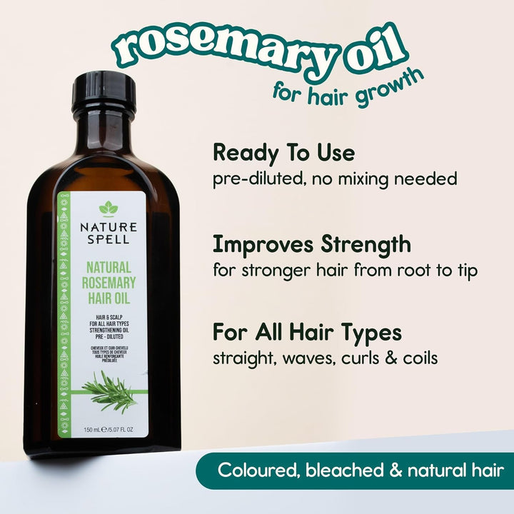 Nature Spell Rosemary Oil for Hair Growth with Root Comb Applicator, Pre-Diluted Oil to Strengthen and Nourish Dry, Damaged Strands, For All Hair Types, 150ml
