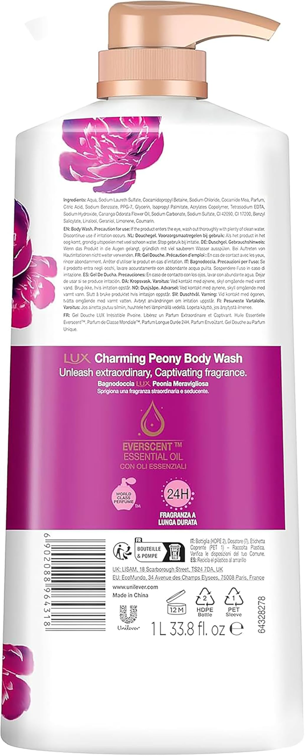 LUX Charming Peony Body Wash with Orange Oil - Men's & Women's Aromatic, Long-Lasting Fine Fragrance Shower Gel, Nourishing Body Cleanser, Aromatic Fragrance Bath Soap - Pack of 1, 1L