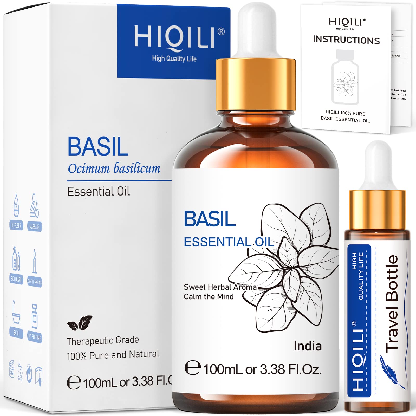 HIQILI 100ml Lavender Essential Oil Pure, 100% Natural Therapeutic Grade for Aromatherapy Diffuser, Skin Care, Hair, Includes Premium Quality Glass Dropper
