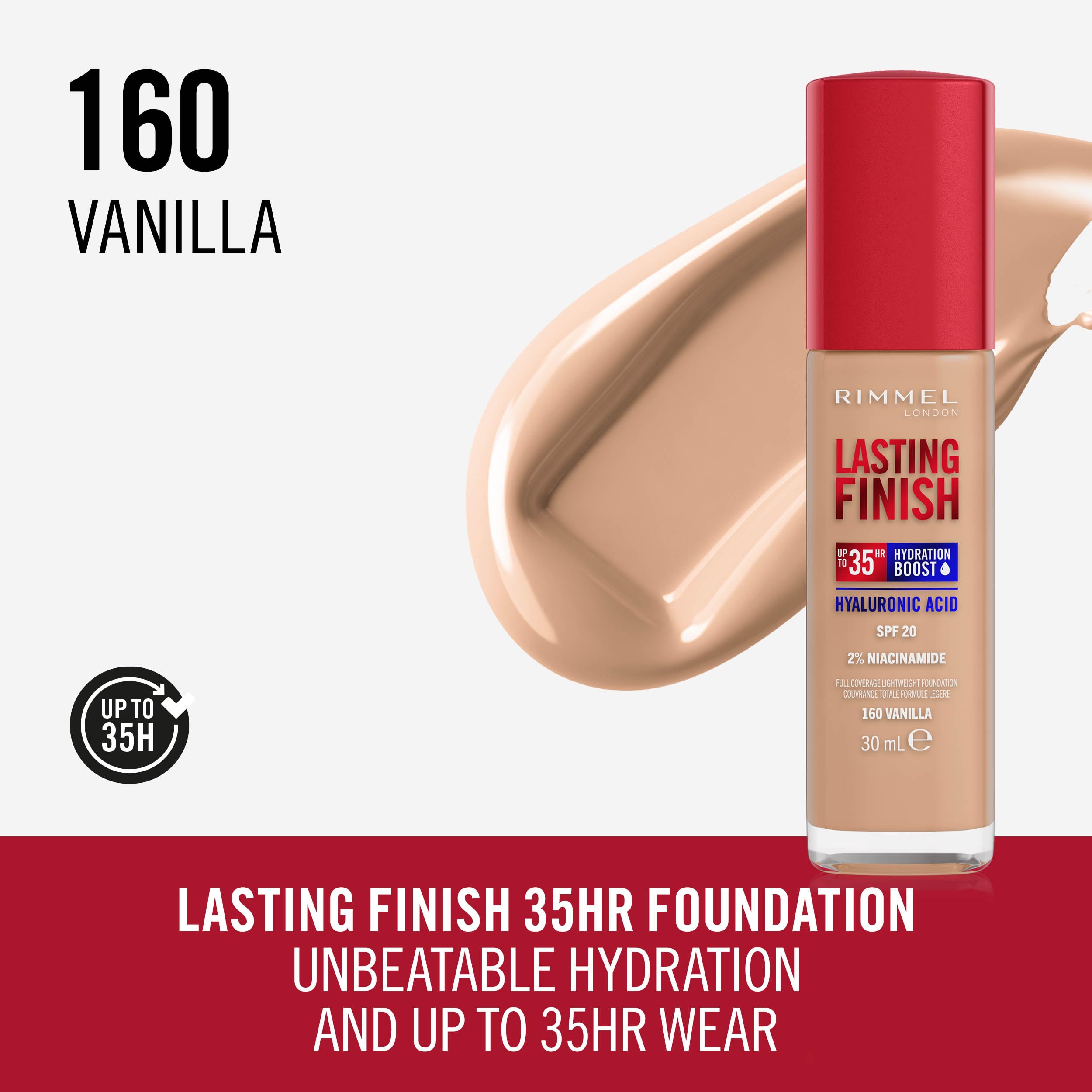 Rimmel Lasting Finish 35Hr Foundation 200 Soft Beige, Full Coverage, Hydrating, SPF20, Hyaluronic Acid, Vitamin E, 2% Niacinamide, All Day Wear, Vegan, Cruelty Free Halalzen