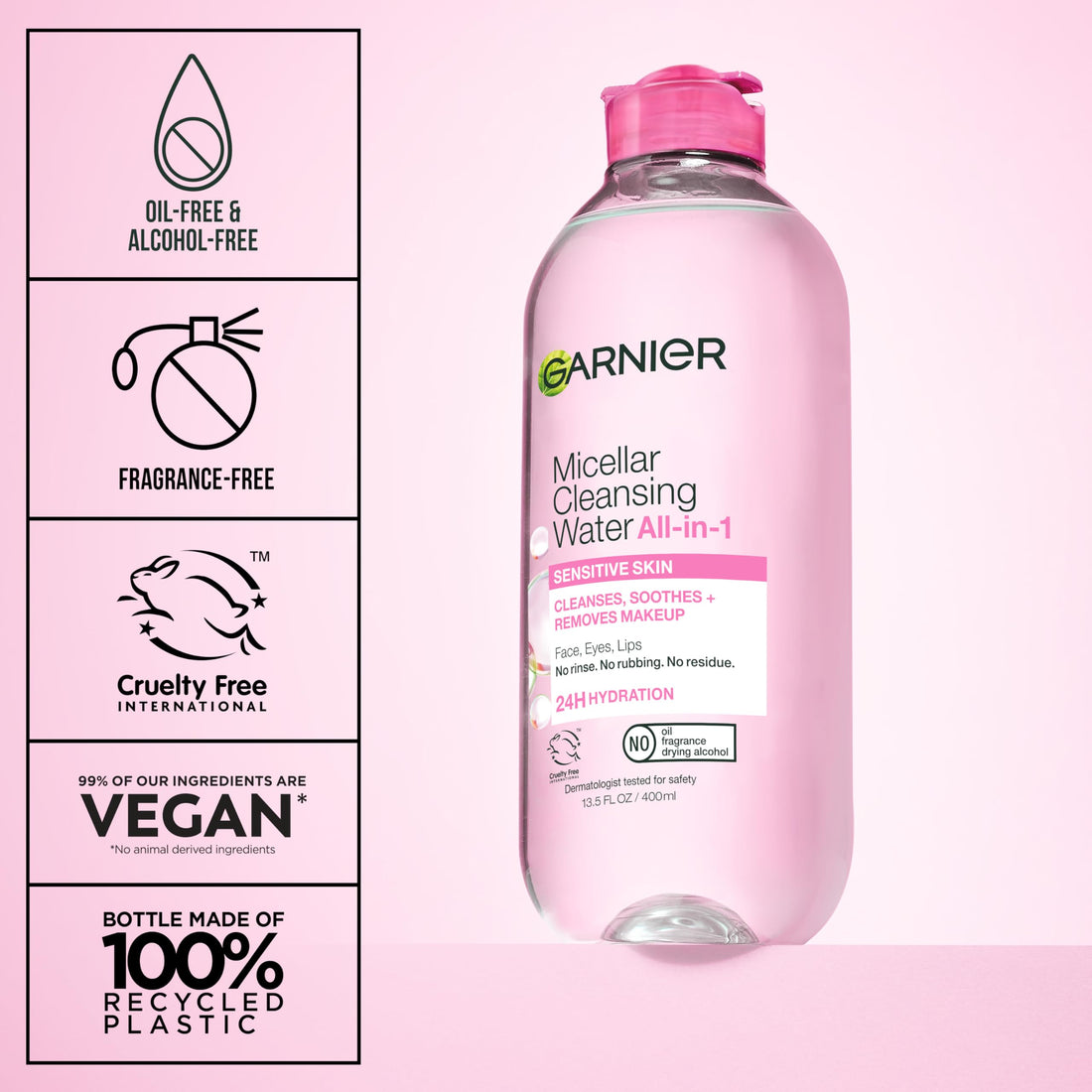 Garnier Micellar Water, Hydrating Facial Cleanser & Makeup Remover, Suitable for Sensitive Skin, Vegan, Cruelty Free, 13.5 Fl Oz (400mL), 1 Count