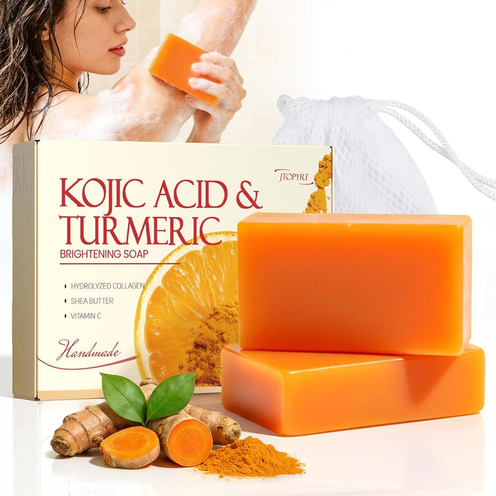 Kojic Acid Soap: Turmeric Soap for Dark Spots Fresh Citrus Scent Gentle Vitamins C for Face and Body Dark Spot Acne Blackheads Remover for Even Skin Tone 2PCS 100g x 2 Halalzen