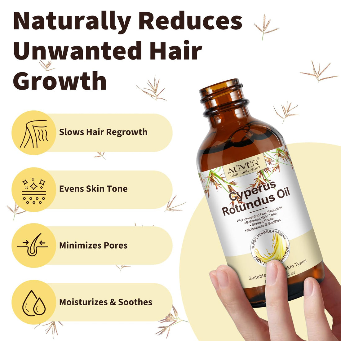 Cyperus Rotundus Oil for Hair Removal, 100% Pure Natural Body and Facial Hair Removal for Women, Reduces Unwanted Hair Growth After Shave, Shrink Pores, Hydrates, Soothes and Repairs Skin