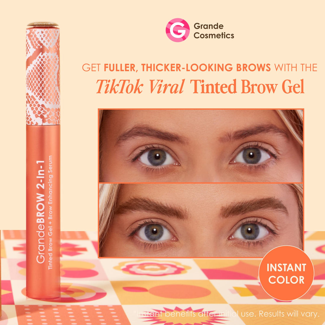 Grande Cosmetics GrandeBROW 2-in-1 Tinted Brow Gel + Brow Enhancing Serum for Thicker & Darker-Looking Eyebrows, Shape & Fill Brows, Long Wear, with Castor Oil & Mini Fibers