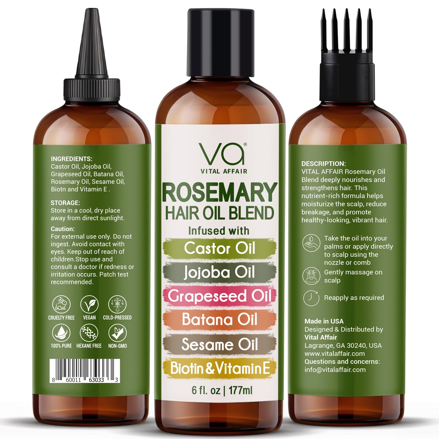 VITAL AFFAIR Blend Of Pure Rosemary Oil For Hair Growth With Castor, Batana, Jojoba Oil-Infused With Biotin & Vitamin E-Blend of Effective Hair Oils for Hair Growth-Strengthening Treatment 6 Fl Oz Halalzen