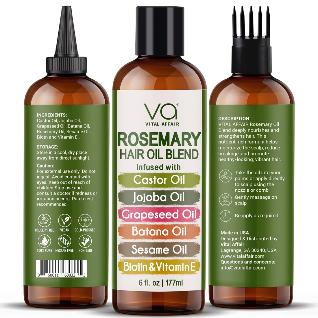 VITAL AFFAIR Blend Of Pure Rosemary Oil For Hair Growth With Castor, Batana, Jojoba Oil-Infused With Biotin & Vitamin E-Blend of Effective Hair Oils for Hair Growth-Strengthening Treatment 6 Fl Oz Halalzen