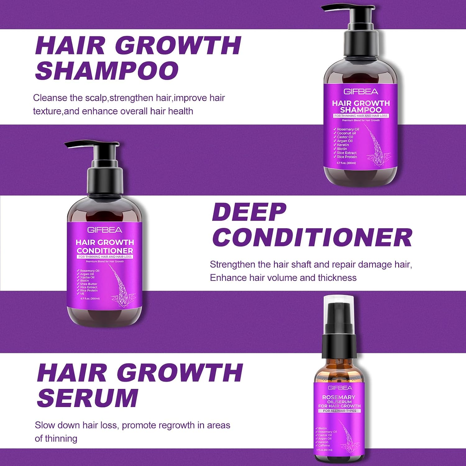 GIFBEA Hair Growth Shampoo and Conditioner Set with Rosemary Oil Serum, Biotin, Argan, Castor, Coconut, Keratin, Rice Water - Hair Loss Treatment, Thickening for Women and Men Halalzen