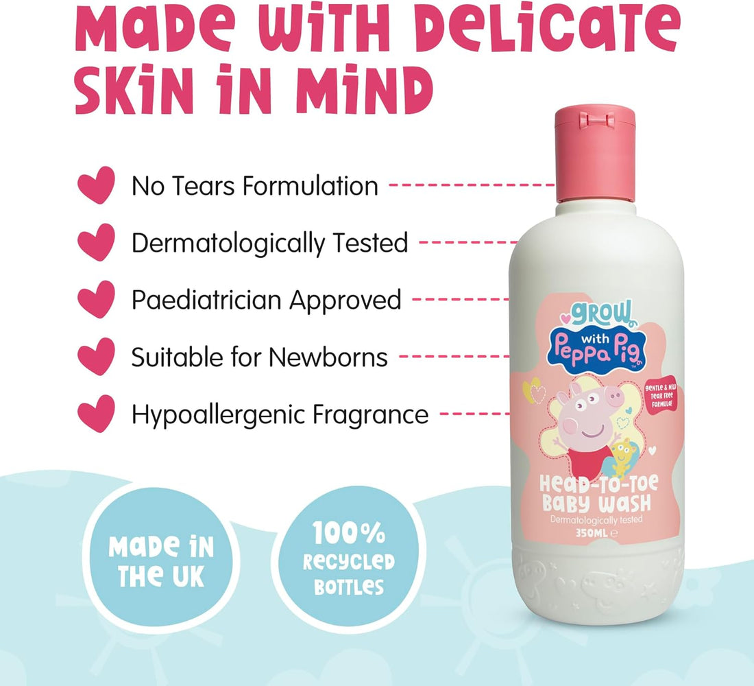 Peppa Pig Bathtime Fun Bundle - 350mlx3 - Coconut & Grape Baby Wash, Peach & Oat Milk Kids Shampoo and Peach & Oat Milk Bubble Bath & Baby Wash - Hypoallergenic & Dermatologically Approved