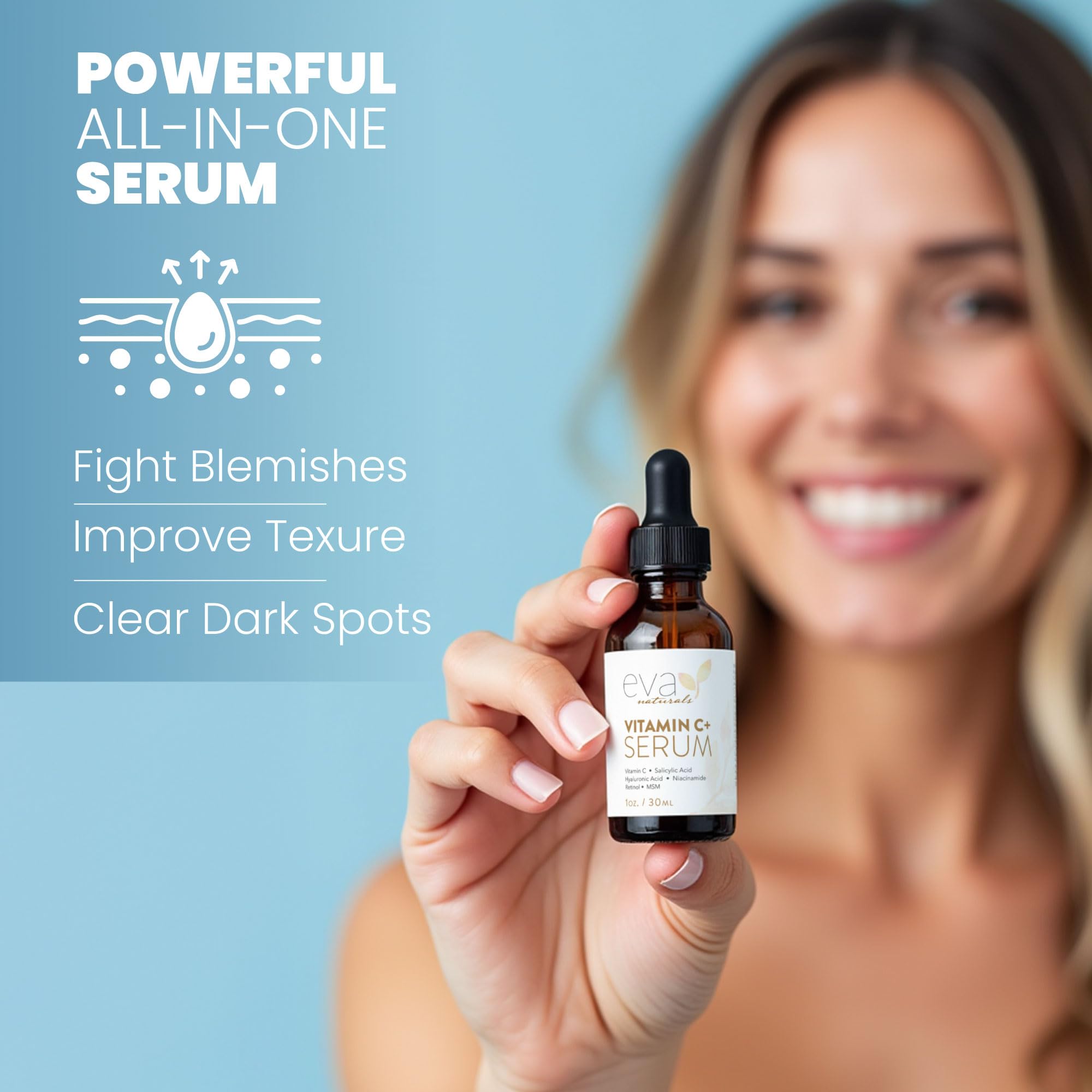 Eva Naturals Vitamin C+ Serum for Face – Anti-Aging Facial Serum with Niacinamide, Retinol, Hyaluronic Acid, Salicylic Acid & Rosehip Oil for Dark Spots, Uneven Skin Tone & Radiant Glow (30 mL)