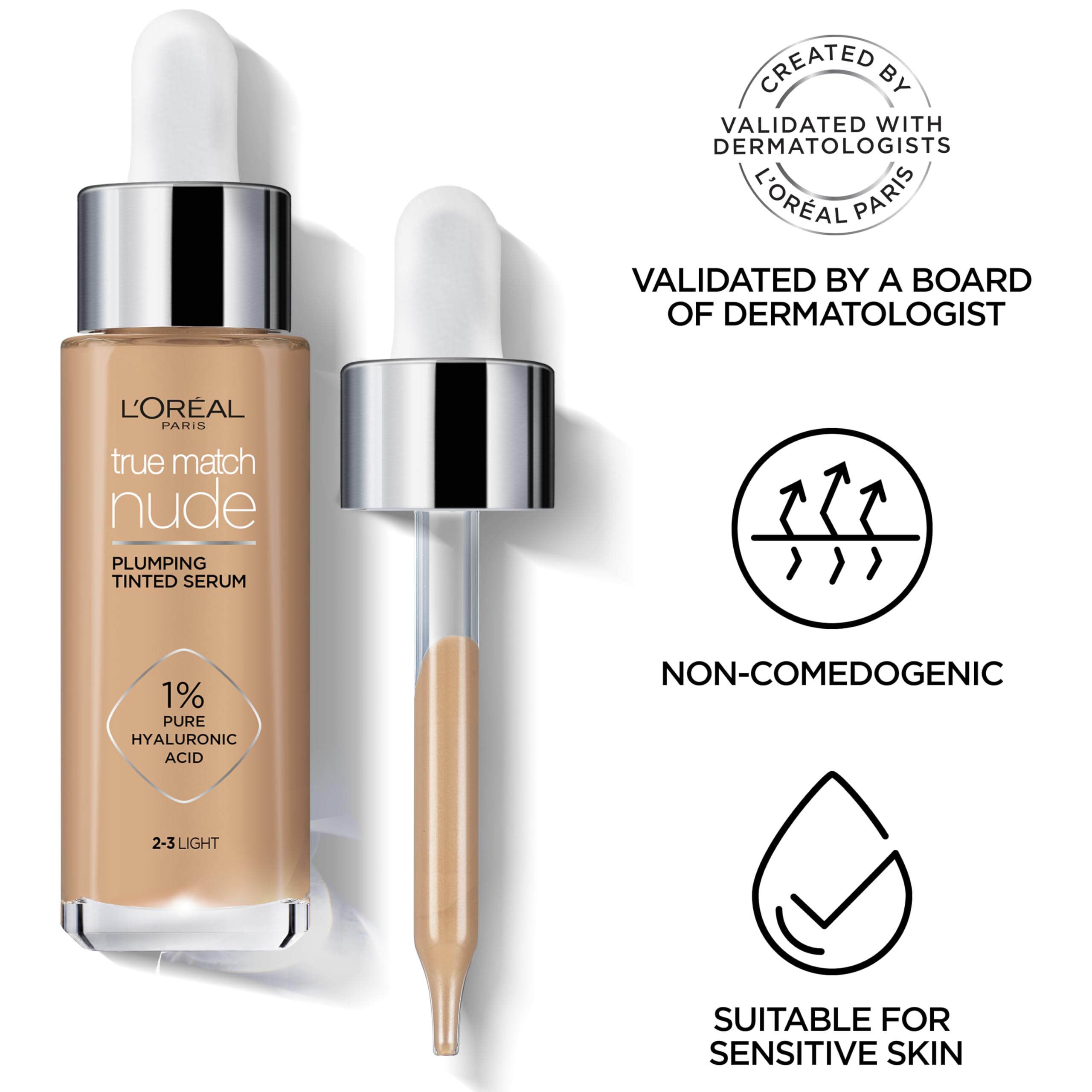 L'Oréal Paris Nude Tinted Serum for Face, Plumping and Hydrating Face Makeup, 1 Percent Pure Hyaluronic Acid, Nude Foundation to Cover, Replumps and Hydrates Skin in One Hour, Shade 4-5 Medium Halalzen