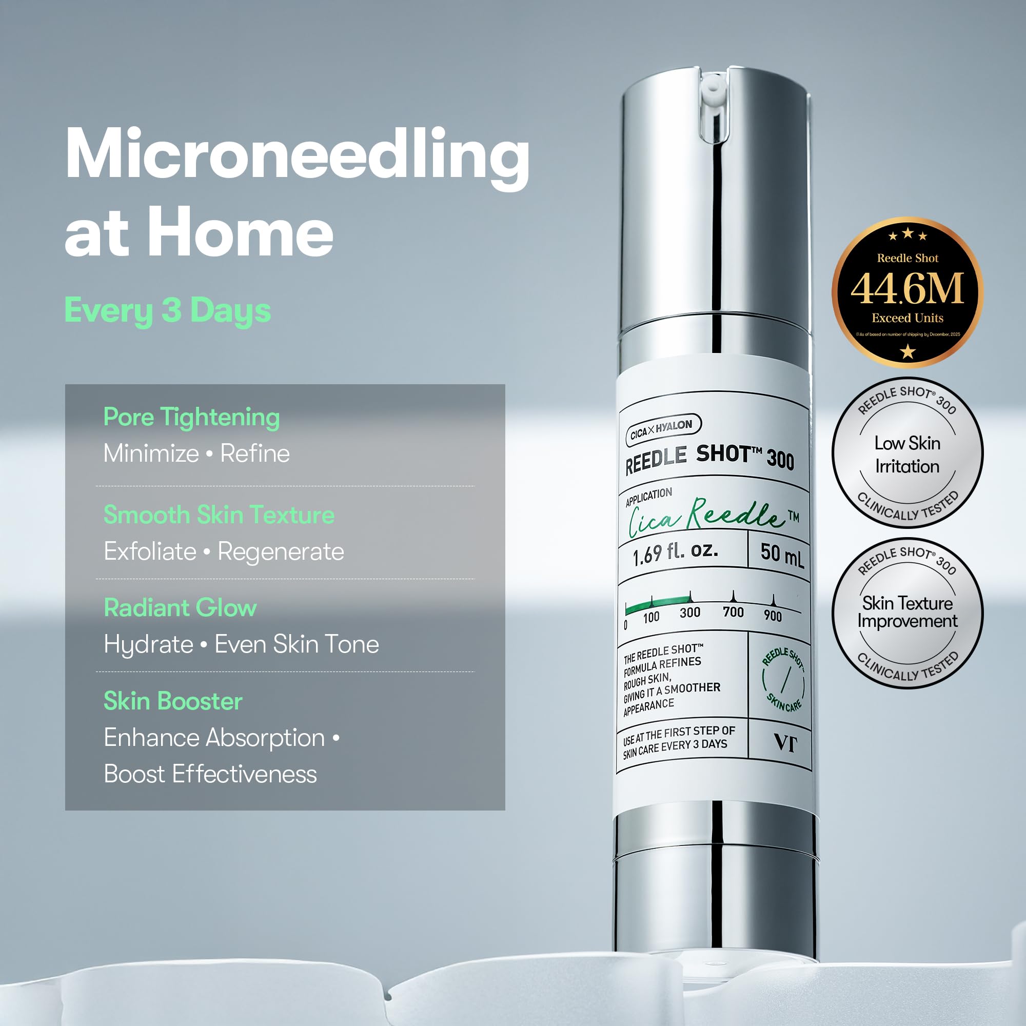 VT COSMETICS CICA Reedle Shot 300, Spicule Microneedling Serum for Pore Care & Exfoliation, Exosome & Centella Asiatica for Glass Skin, Smooth Skin Texture, Korean Skin Booster (1.69 Fl Oz / 50ml) Halalzen