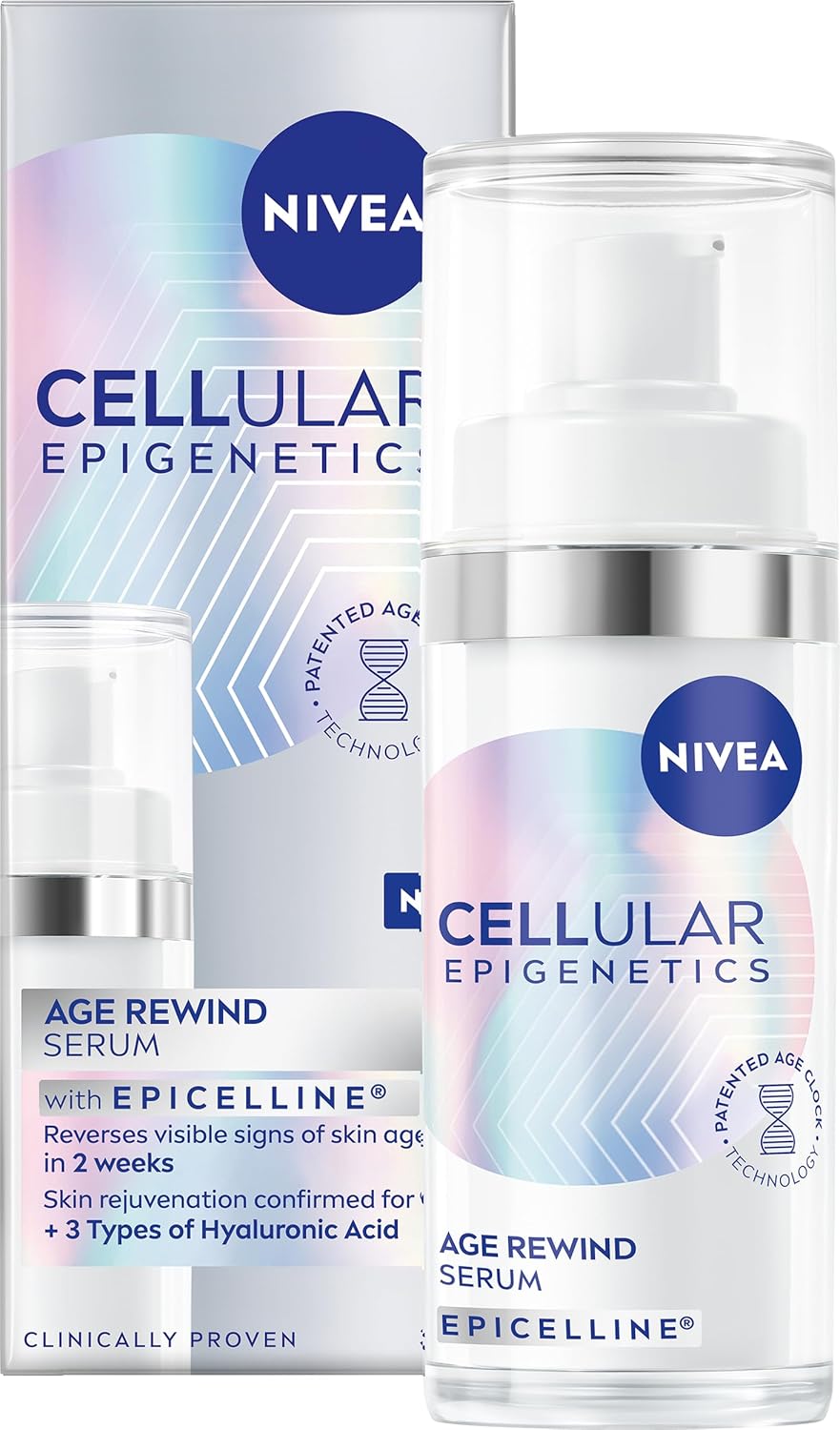 NIVEA CELLULAR Epigenetics Age Rewind Face Serum with Epicelline (30ml), Age Rewind Effect Hyaluronic Acid Serum for Firmer Skin, Anti-Wrinkle Face Moisturiser Formula with Triple Hyaluronic Acid Halalzen