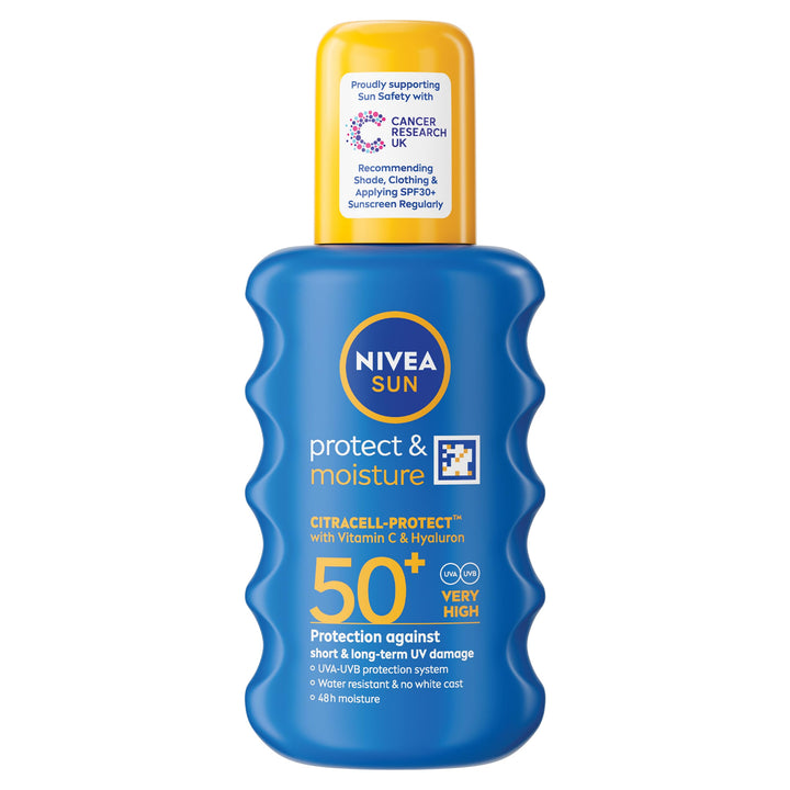 NIVEA SUN Protect & Moisture Sun Spray SPF 50+ (200ml), Moisturising Suncream Spray with Vitamin C and Hyaluron, Immediate UVA/UVB Protection, Fast-Absorbing No White Cast Formula Halalzen