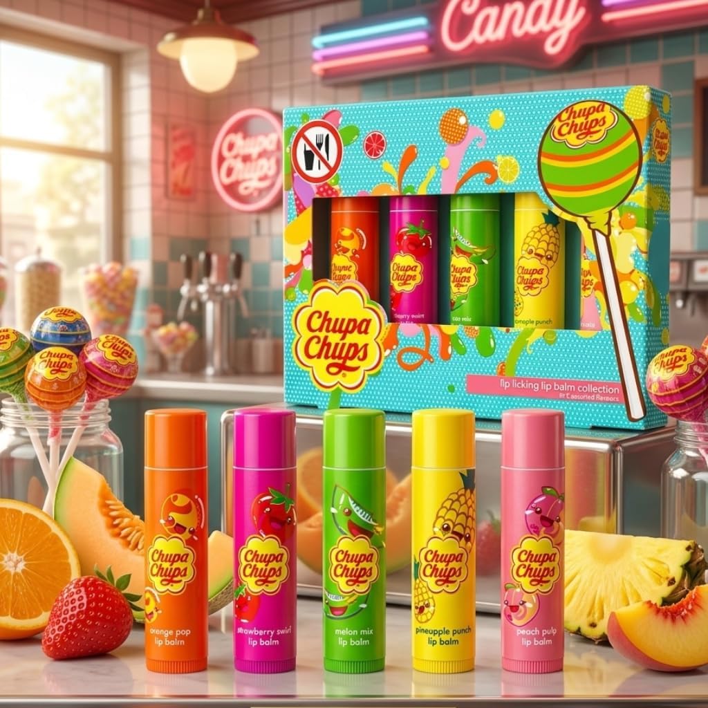 Chupa Chups Lip Licking Lip Balm Collection, 5 Assorted Flavors: Orange Pop, Strawberry Swirl, Melon Mix, Pineapple Punch, and Peach Pulp - Fun, Flavored Lip Care Gift Set for Kids and Adults Halalzen