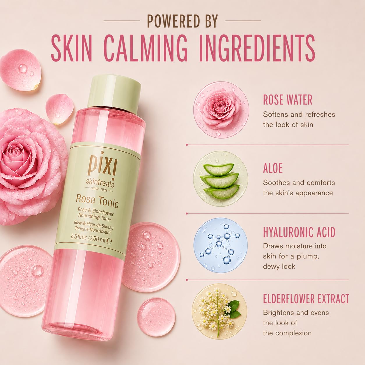 Pixi Rose Tonic Rose Hydrosol Toner, Hydrates Skin, Minimize Redness, Rehydrates and Replenishes, 250 Ml 8.5Fl Oz