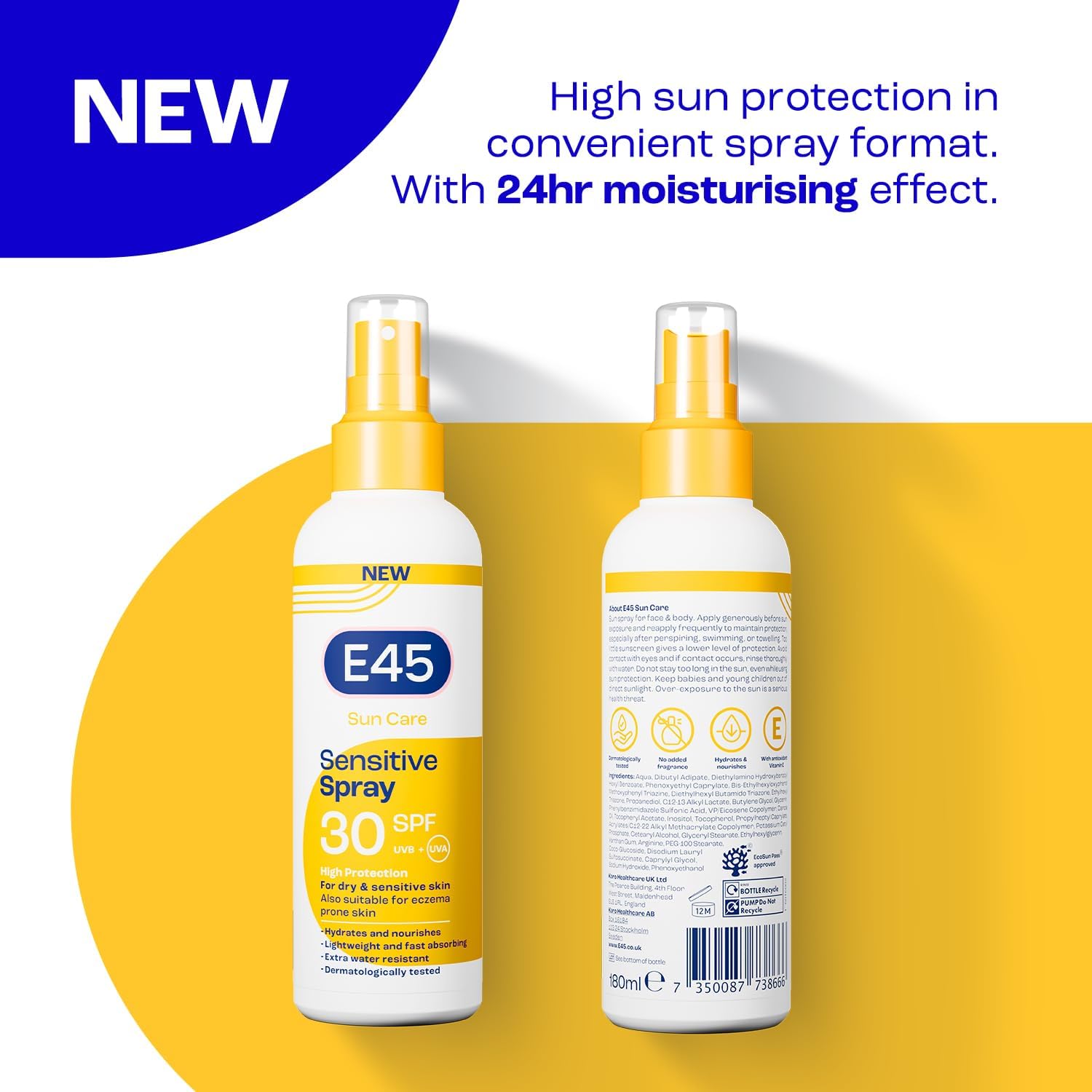 E45 Sunscreen Spray for Sensitive Skin SPF 30 - Hydrating Sun Protection with high UVA and UVB - Instantly Moisturising for Dry Skin, Sensitive Skin and Eczema Prone Skin - 180 ml | for Sensitive Skin
