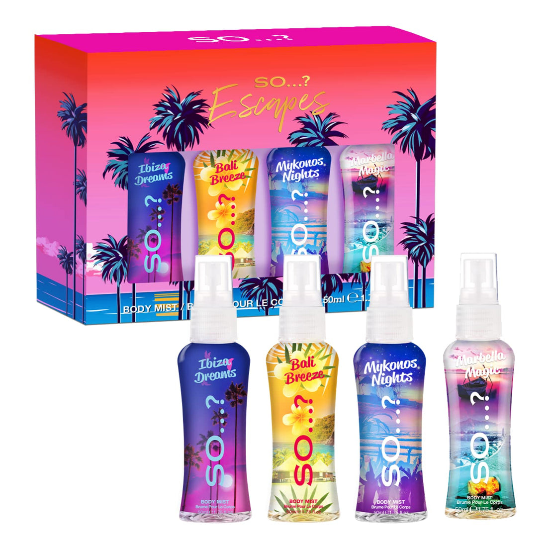 So…? Escapes Womens Gift Set, with Ibiza Dream, Bali Breeze, Mykonos Nights & Majorca Love, Fragrance Spray Set (4 x 50ml) Halalzen