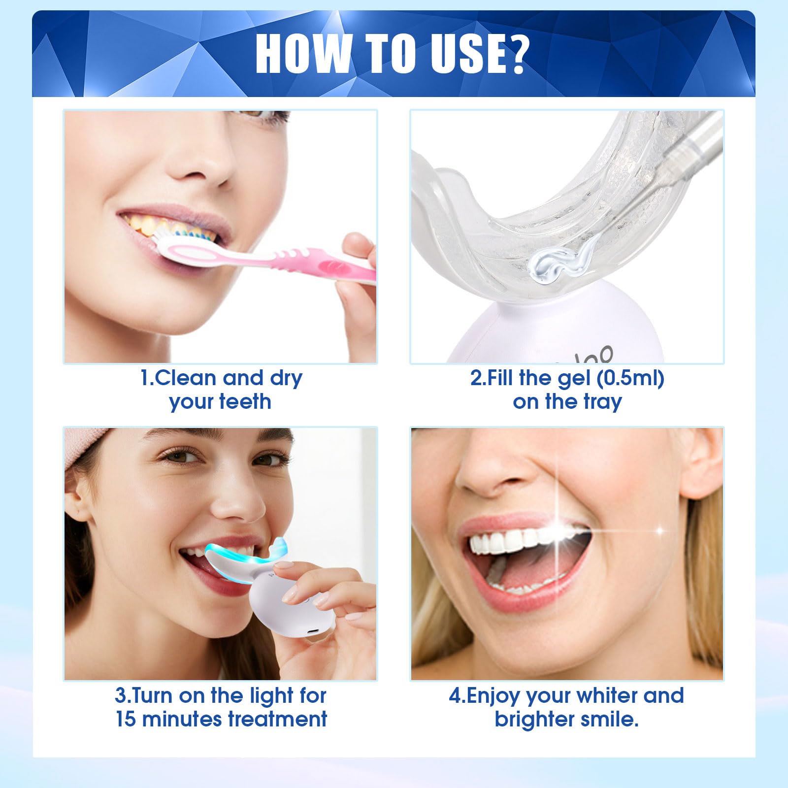 Teeth Whitening Kit with LED Light + 5 Tooth Whitening Gel - Gentle Whitening on Sensitive Teeth - Fast Removes Stubborn Stains - Professional Tooth Whitener for Home - Wireless & Water-Resistant