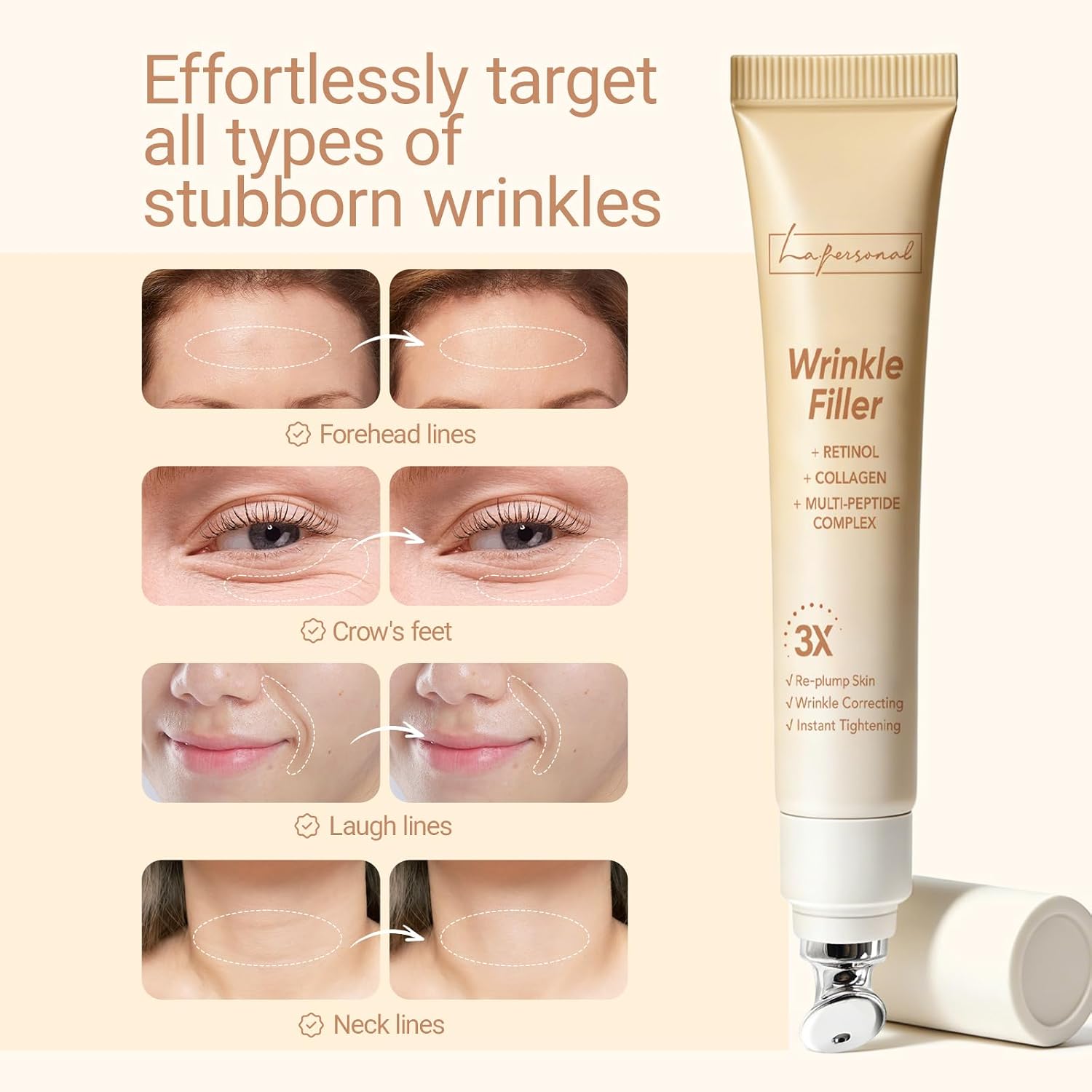 LA.PERSONAL Wrinkle Filler Cream, Wrinkles Cream for Eye and Face, Firming & Lifting, Deep Hydrating & Smoothing Skincare, Eye Cream with Collagen Renewal & Plump Skin, for Men & Women, 15g