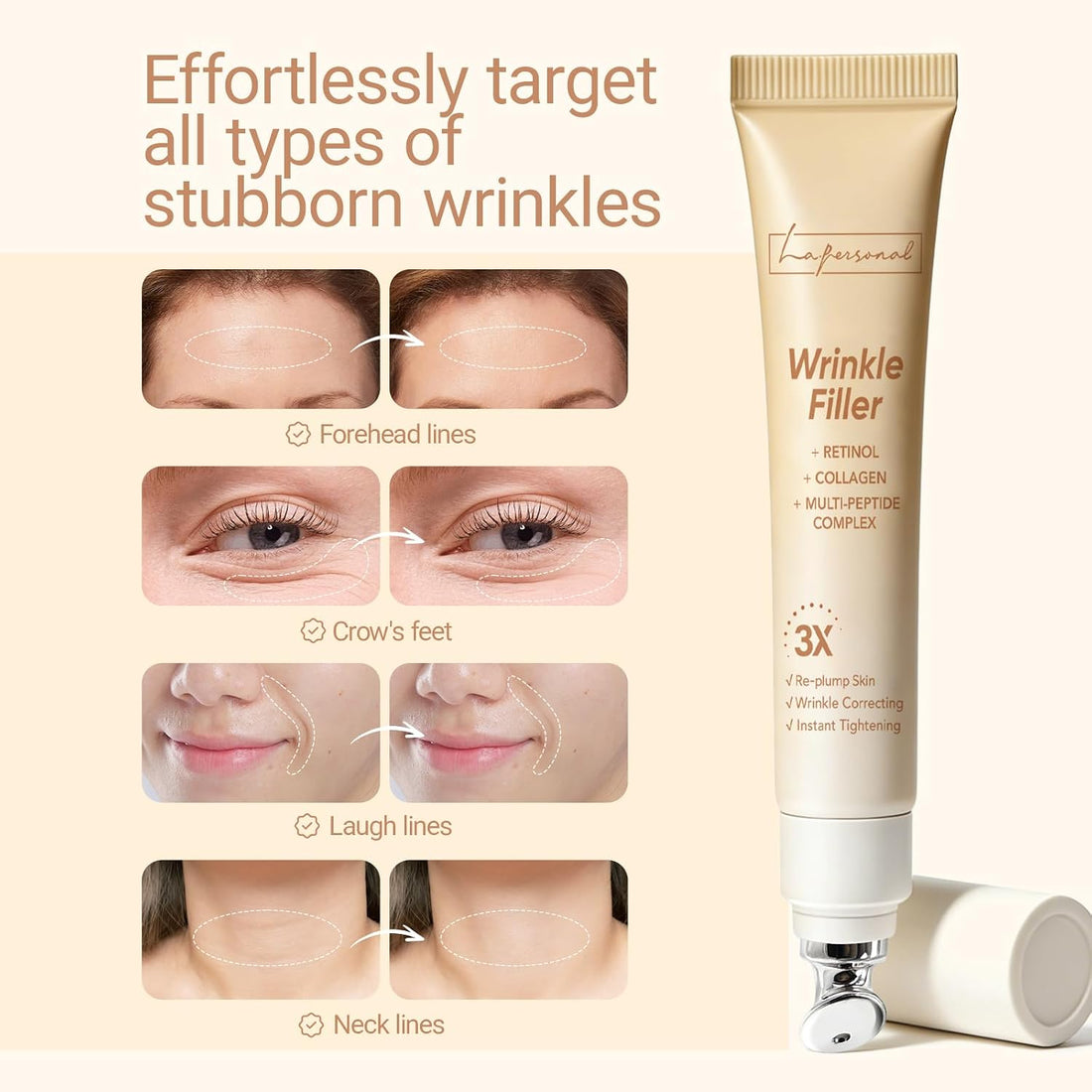 LA.PERSONAL Wrinkle Filler Cream, Wrinkles Cream for Eye and Face, Firming & Lifting, Deep Hydrating & Smoothing Skincare, Eye Cream with Collagen Renewal & Plump Skin, for Men & Women, 15g