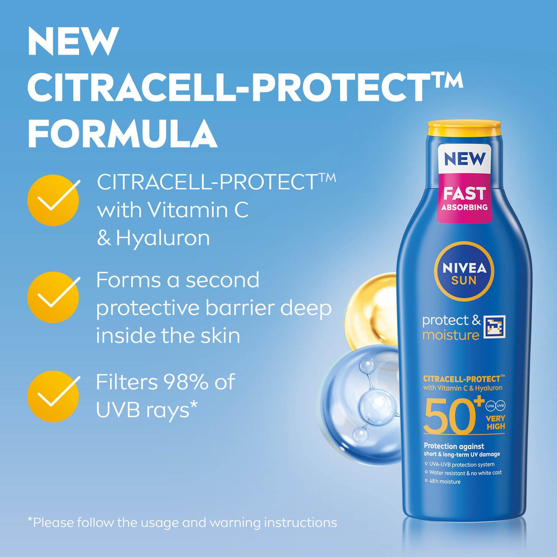 NIVEA SUN Protect & Moisture Sun Lotion SPF 30 (200 ml), Suncream with Vitamin C and Hyaluron, Provides 48H Moisture & Immediate UVA & UVB Protection, Fast-Absorbing No White Cast Formula
