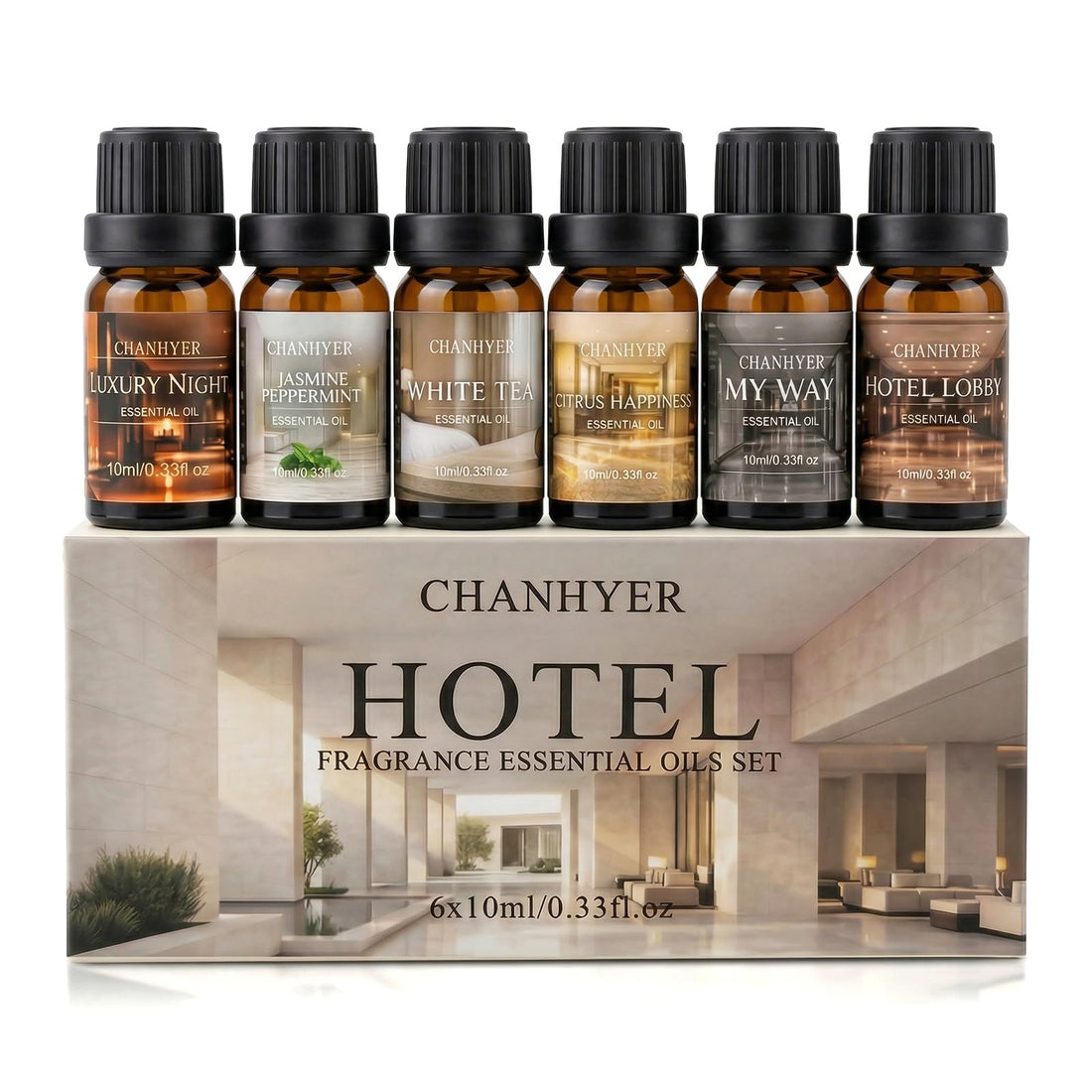 Hotel Collection Essential Oils for Diffusers for Home - 6 x 10 ml Luxury Scented Oil Set with Luxury Night,Jasmine Peppermint,White Tea,Citrus Happiness,My Way,Hotel Lobby,Gift for Women and Men