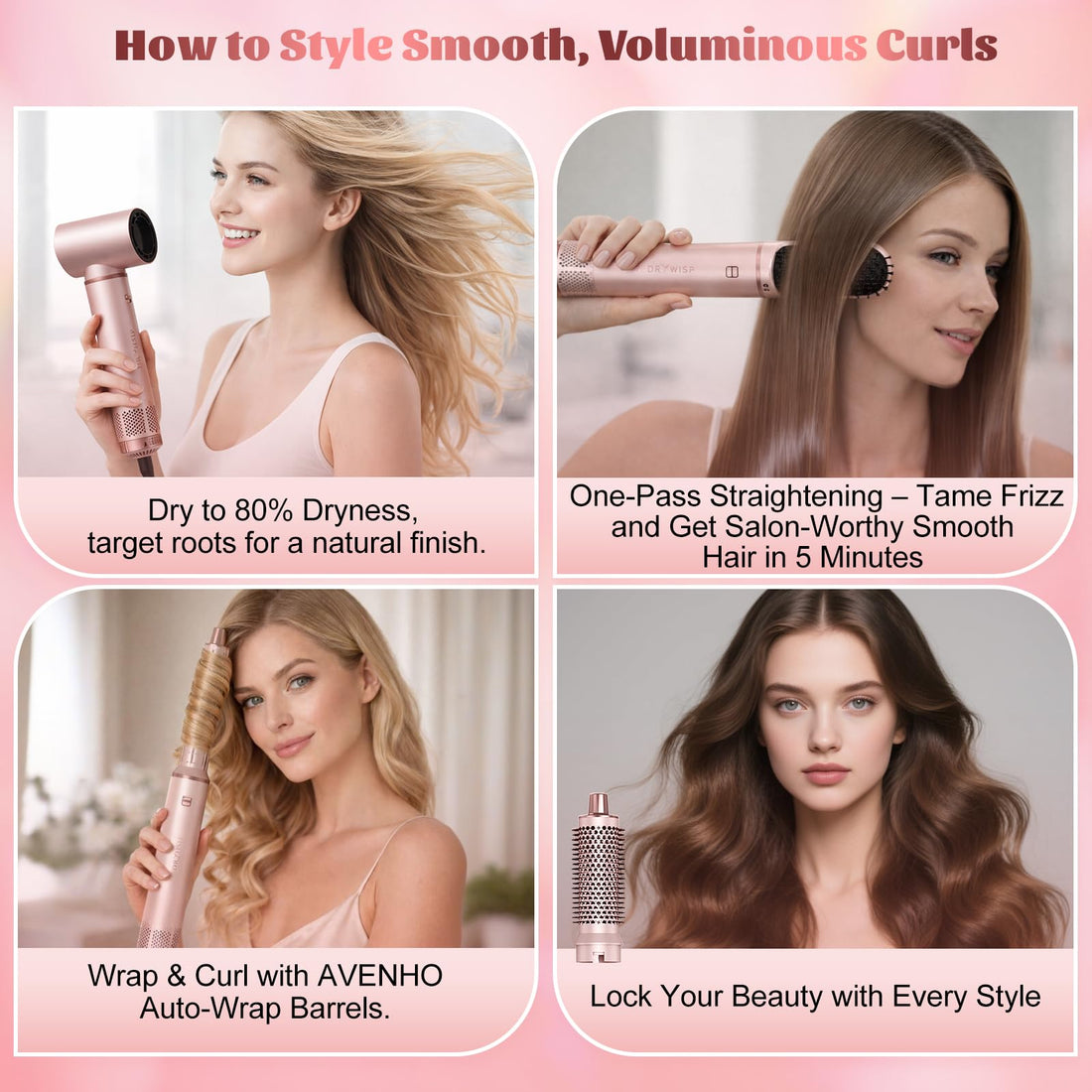 5 in 1 Hair Styler for Woman, Air Curling Wrap, Drying, Curling, Straightening & Volumizing, Hot Air Curler Dryer Brush Tool Set, Curl Styling Tools - Blush Halalzen