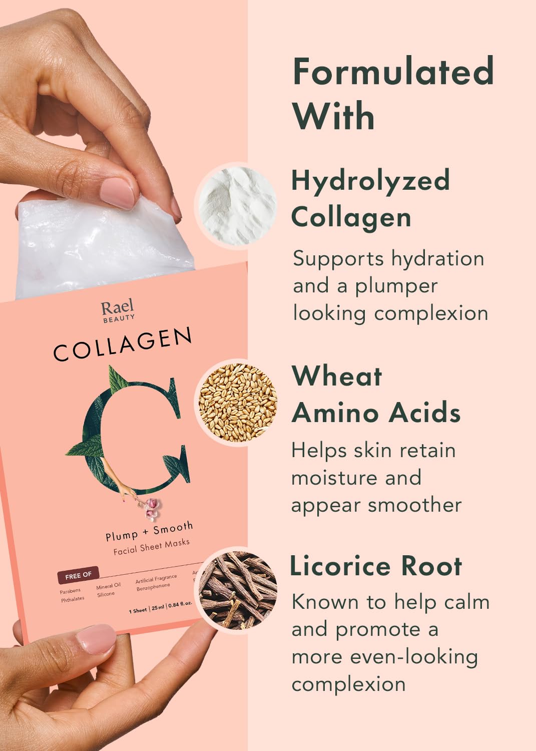 Rael Beauty Collagen + PDRN Face Masks - Korean Skincare for Glass Skin, Smoothing, Salmon PDRN & Hydrolyzed Collagen & Hyaluronic Acid, Anti-Slip Grip, Fragrance & PEGs & Cruelty Free (4 Sheets)