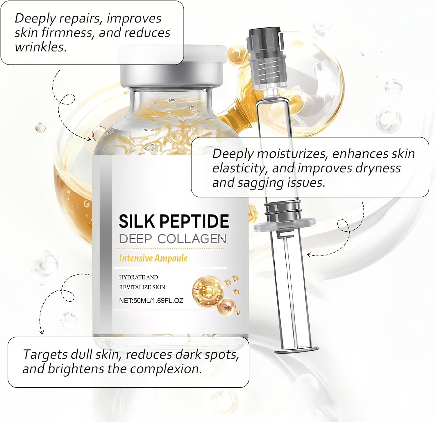 Korean Silk Collagen Ampoule with Syringe, Deep Collagen Silk Peptide Intensive Lifting Ampoule for Youthful, Radiant Skin-50ml