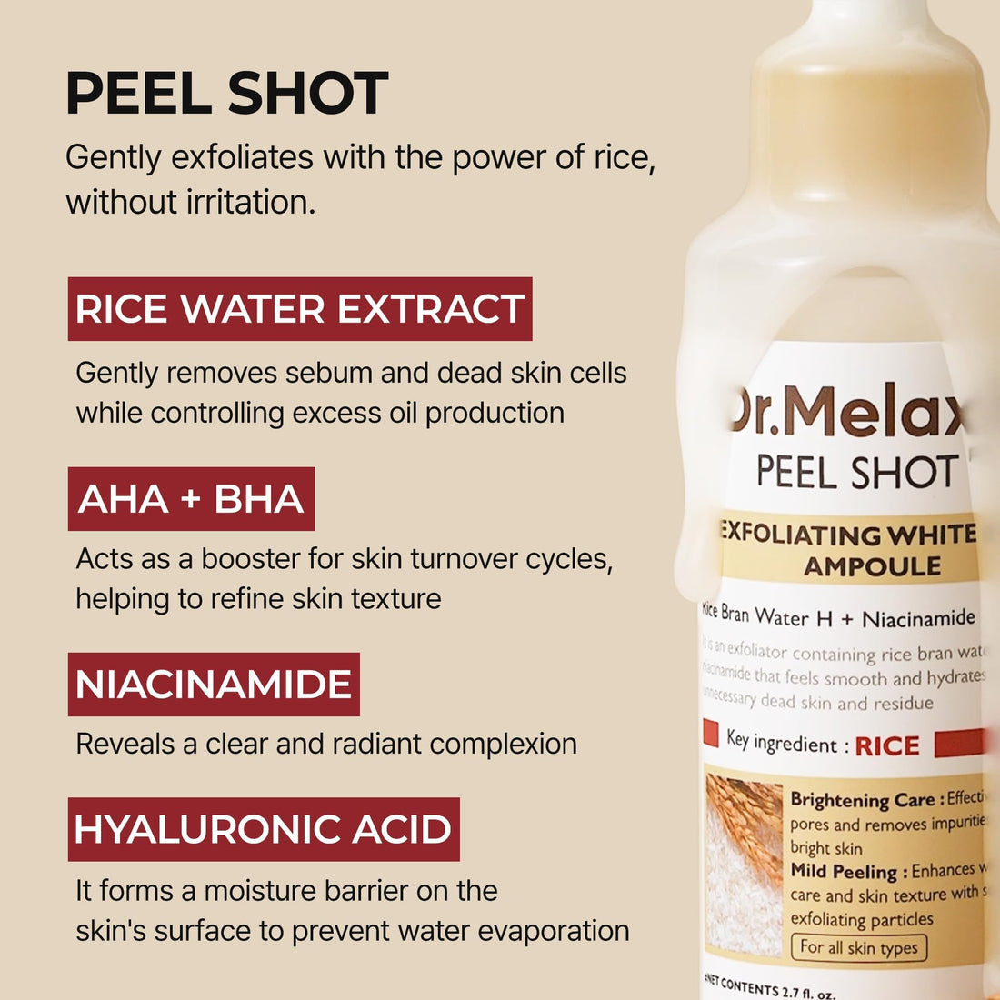 Dr.Melaxin Peel Shot Glow Black Rice Peeling Ampoule – AHA BHA Daily Chemical Exfoliant with Rice Water & Niacinamide, Glass Skin Texture for Dead Skin & Dull Complexion, Korean Skincare 2.7 fl.oz