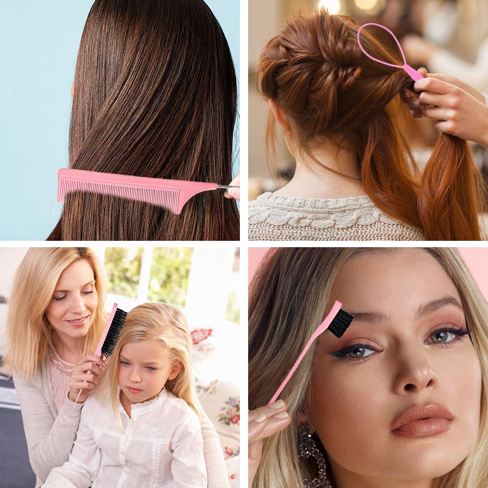 5 Pcs Slick Brush Set, Plastic Bristle Hair Brush and Teasing Comb and Topsy Tail Hair Tool, Rat Tail Comb Double Sided Edge Brushes for Hairs Slicking, Brushing, Combing and Styling(COLOR:Pink) Halalzen