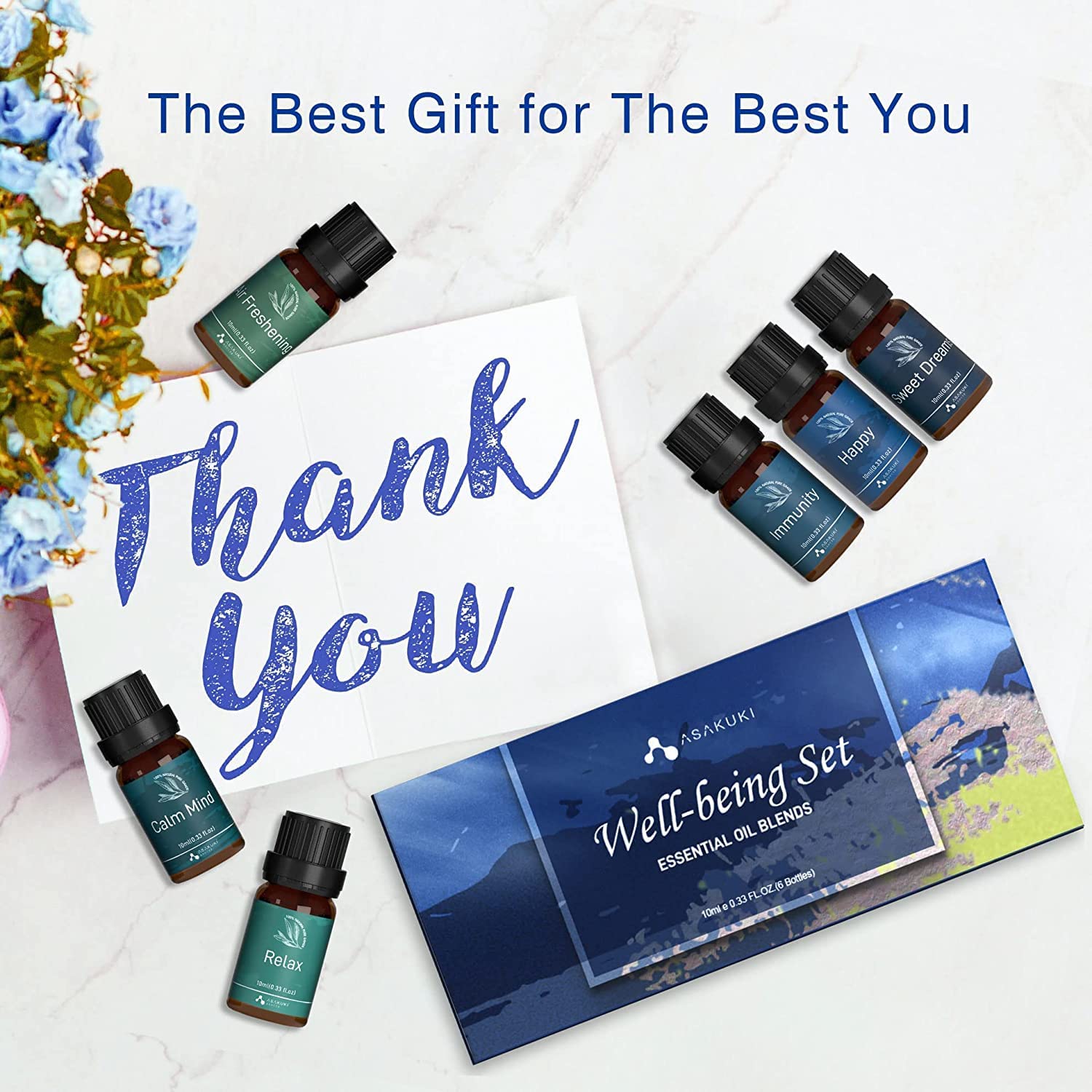 ASAKUKI Essential Oil Blends Gift Set | 6x10ml Well-Being Oils for Diffusers, Relaxation & Sleep | Calm Mind, Sweet Dreams, Happy, Relax, Air Freshening & Immunity | Aromatherapy Kit for Home Use