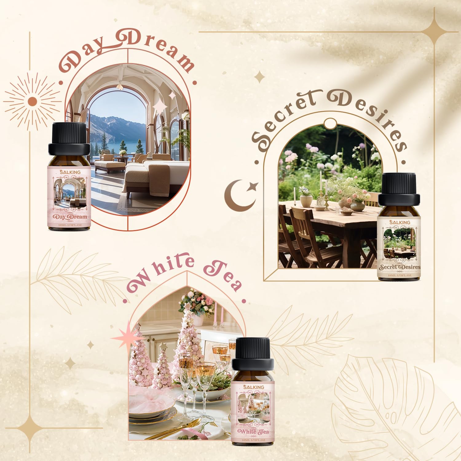 SALKING Essential Oils Set, 100% Pure Fragrance Oil AromatherapyGift, Premium Scented Oils for Diffusers 6 x 10 ML - Lavender, Rose, Jasmine, Cherry Blossom, Gardenia, Chamomile, Pink