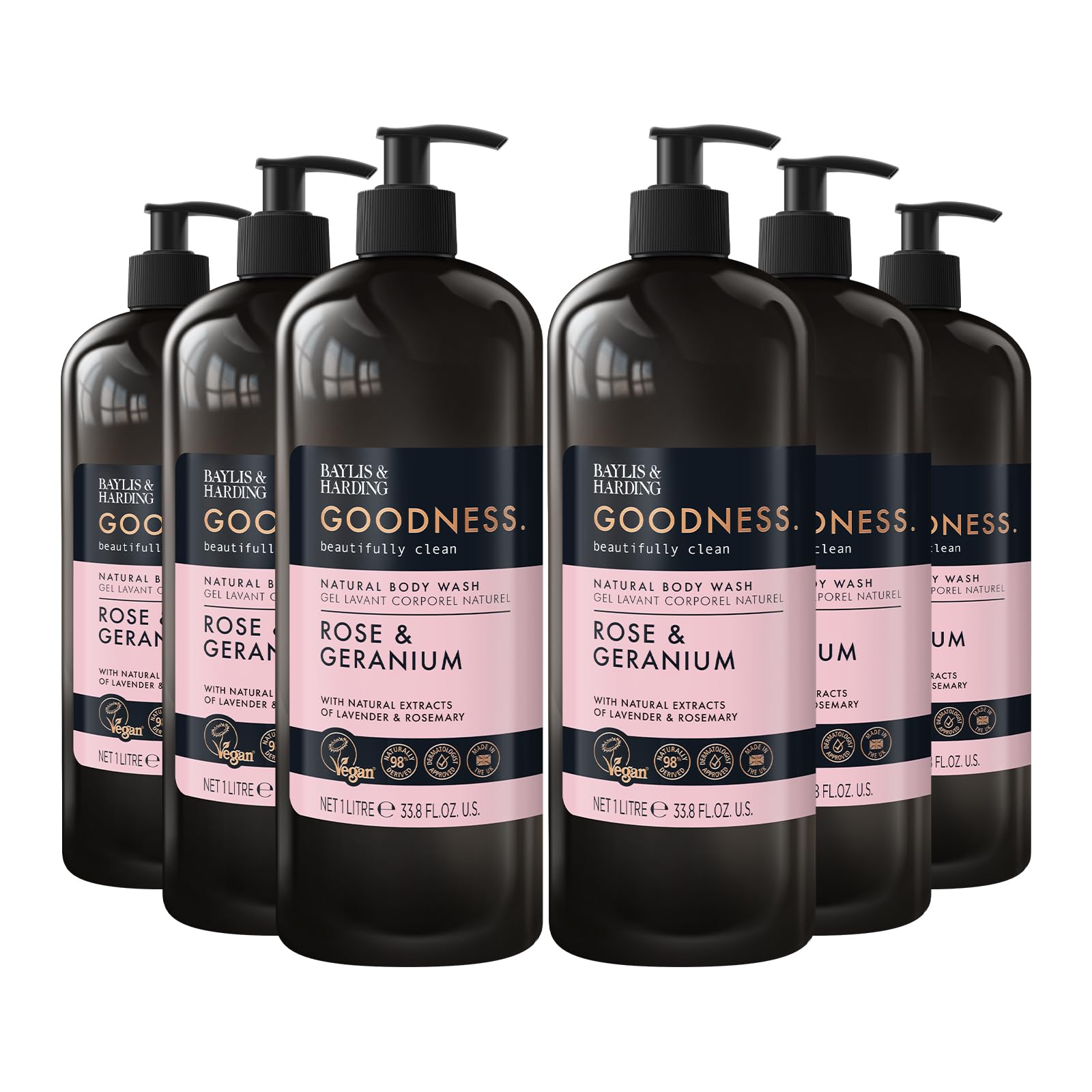Baylis & Harding Goodness Rose & Geranium Natural Body Wash, 500 ml (Pack of 3) - Vegan Friendly