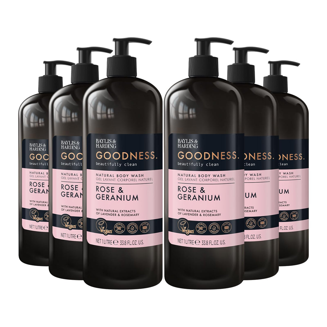 Baylis & Harding Goodness Rose & Geranium Natural Body Wash, 500 ml (Pack of 3) - Vegan Friendly