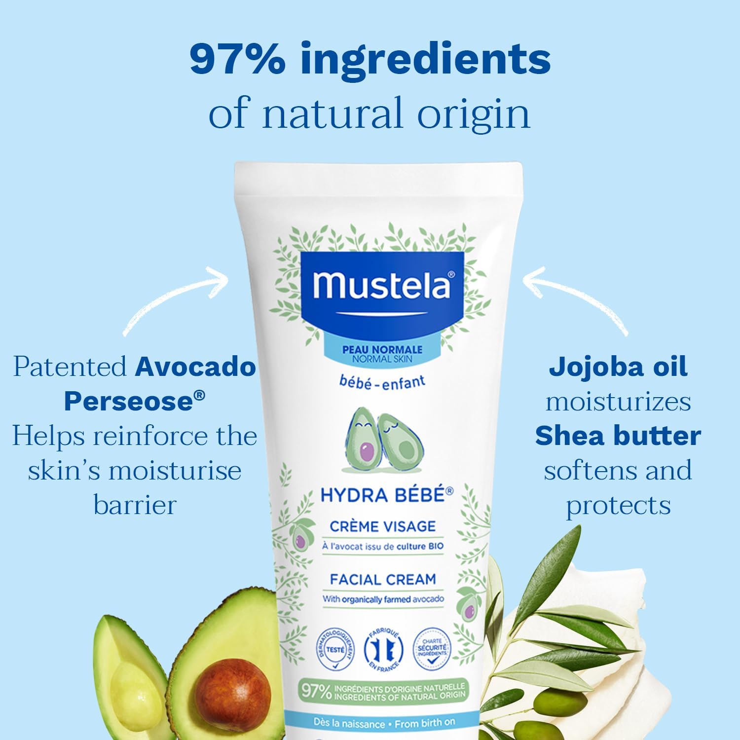 Mustela - Hydra Bébé Facial Cream – Non-Greasy Moisturising Cream with Avocado Perseose, Natural Glycerin for Skin, Sunflower Oil, Vitamin E and Jojoba Oil – Baby moisturiser - 40ml Halalzen