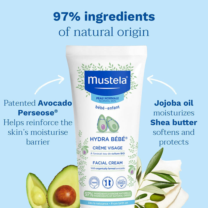 Mustela - Hydra Bébé Facial Cream – Non-Greasy Moisturising Cream with Avocado Perseose, Natural Glycerin for Skin, Sunflower Oil, Vitamin E and Jojoba Oil – Baby moisturiser - 40ml