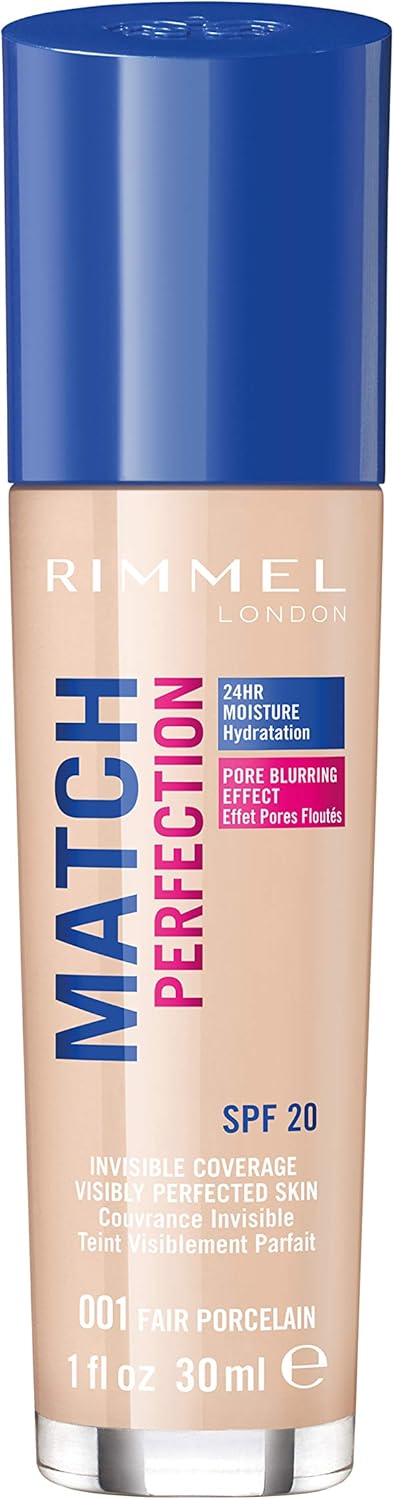 Rimmel Match Perfection Foundation 001 Fair Porcelain, Medium Coverage, 24hr Hydration, No Caking or Creasing, Lightweight, Reduces Imperfections, Invisible Coverage, SPF20, Cruelty Free Halalzen