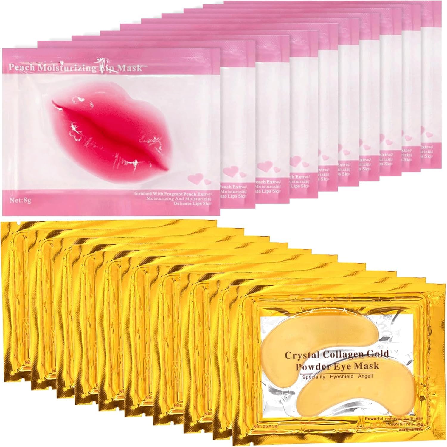 10 Pcs Collagen Lip Masks & 10 Pairs 24K Gold Gel Eye Masks, Anti Aging Wrinkle Gel Under Eye and Lip Patches, Eye Masks Patches for Dark Circles Puffy Eyes, Plumping Hydrating Crystal Lip Pads Halalzen