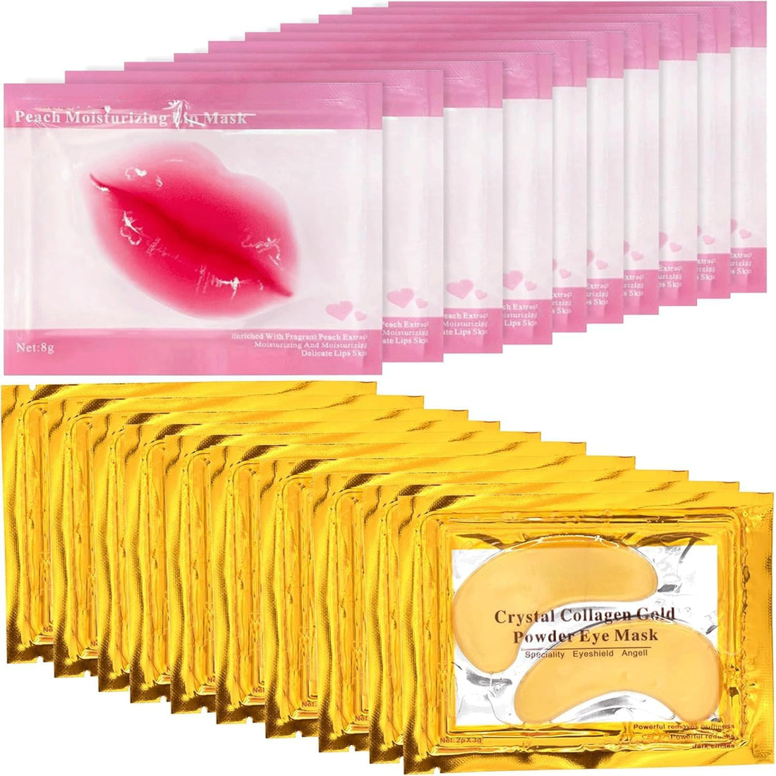 10 Pcs Collagen Lip Masks & 10 Pairs 24K Gold Gel Eye Masks, Anti Aging Wrinkle Gel Under Eye and Lip Patches, Eye Masks Patches for Dark Circles Puffy Eyes, Plumping Hydrating Crystal Lip Pads Halalzen