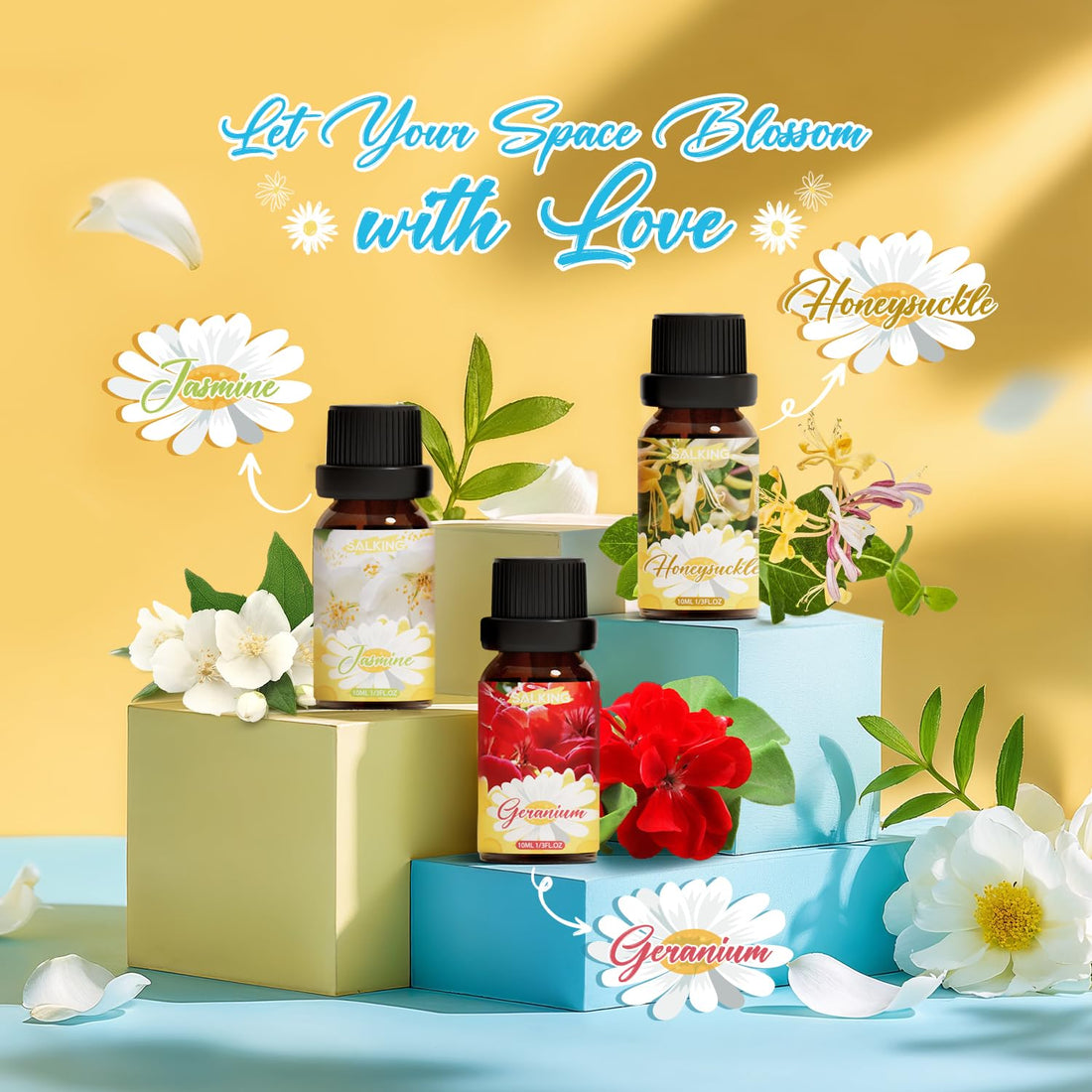 SALKING Essential Oils Set, 100% Pure Fragrance Oil AromatherapyGift, Premium Scented Oils for Diffusers 6 x 10 ML - Lavender, Rose, Jasmine, Cherry Blossom, Gardenia, Chamomile, Pink