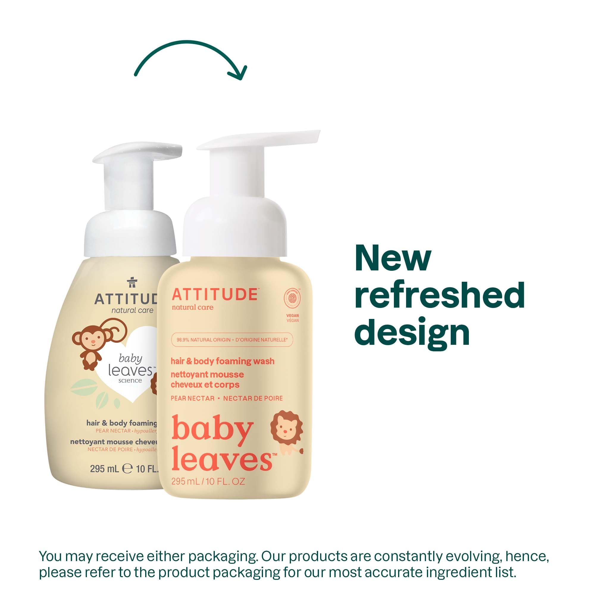 ATTITUDE 2-in-1 Hair and Body Foaming Baby Wash, EWG Verified Shampoo Soap, Dermatologically Tested, Made with Naturally Derived Ingredients, Vegan, Unscented, 295 mL