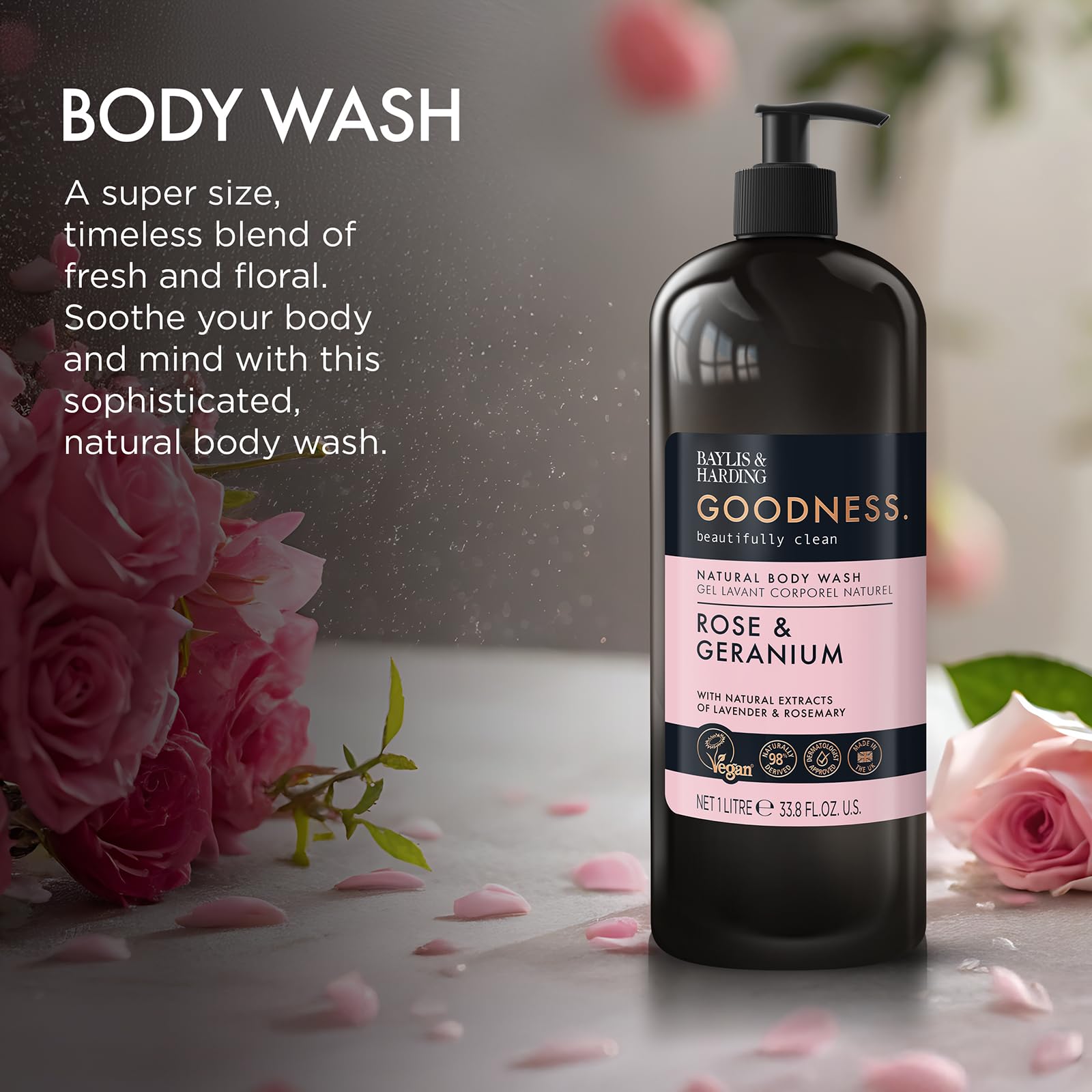 Baylis & Harding Goodness Rose & Geranium Natural Body Wash, 500 ml (Pack of 3) - Vegan Friendly