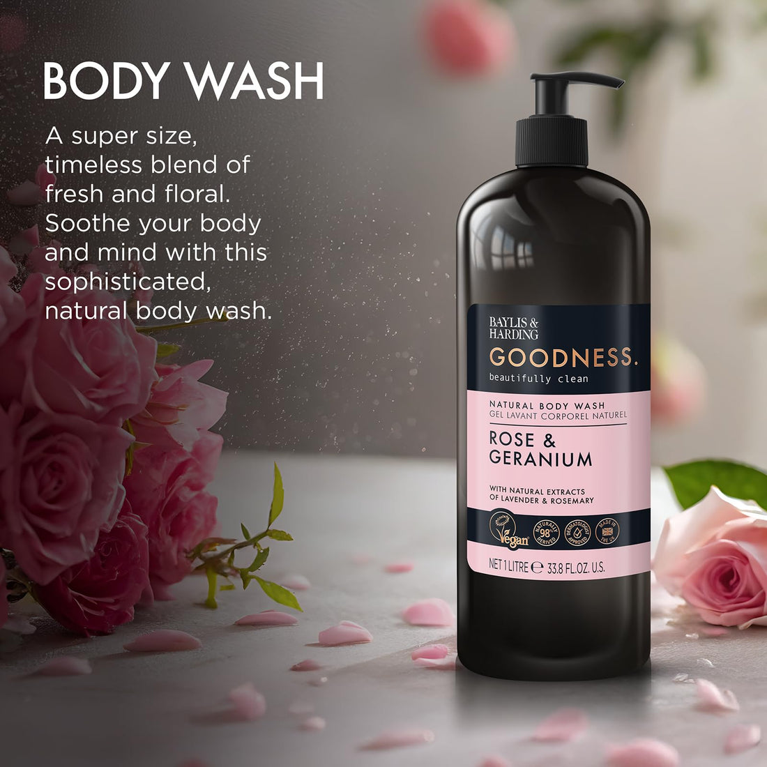 Baylis & Harding Goodness Rose & Geranium Natural Body Wash, 500 ml (Pack of 3) - Vegan Friendly
