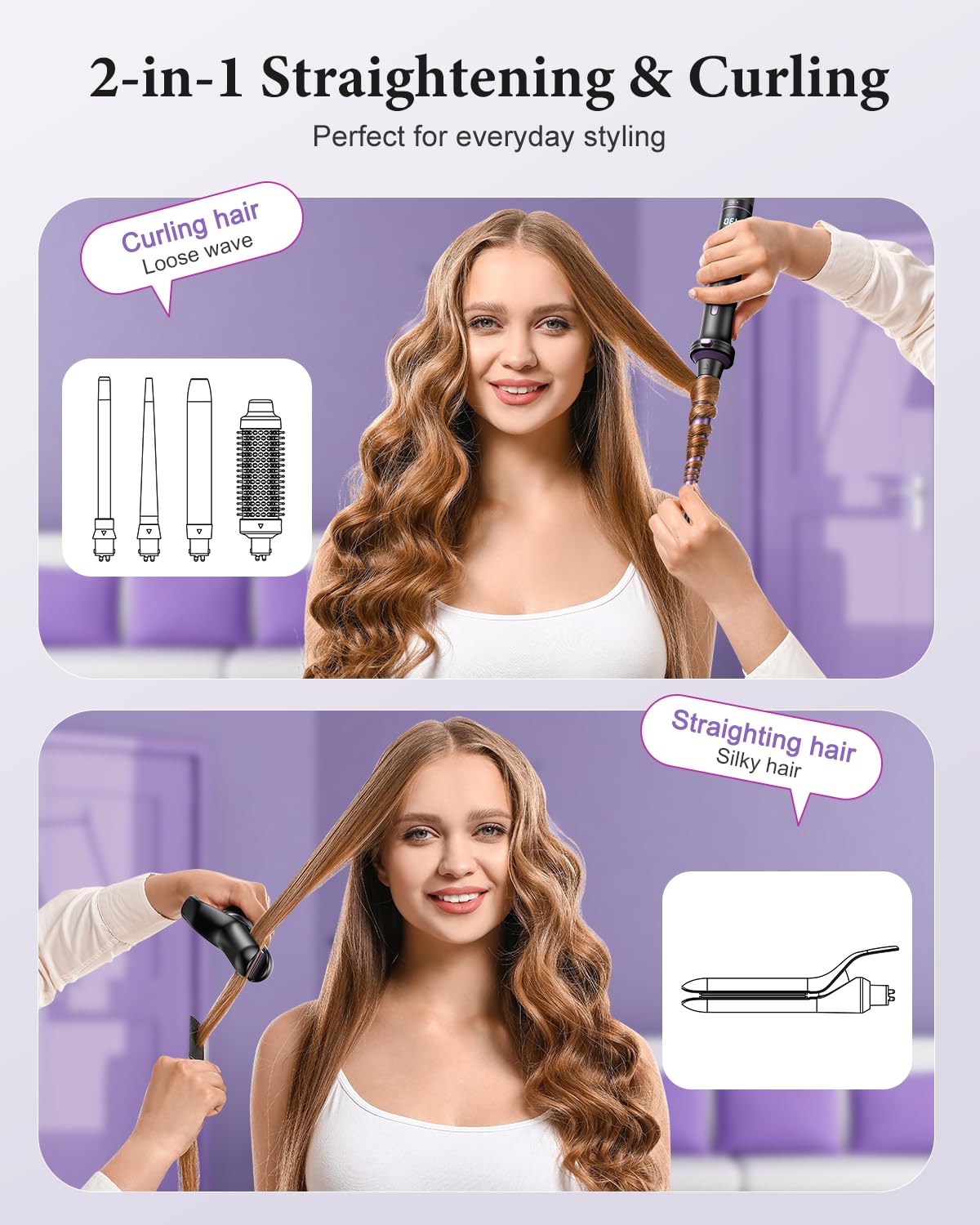 BESTOPE PRO 5 in 1 Hair Curling Wand, Hair Curler Set with Thermal Brush and Hair Straightener, 13 Temperature Control for All Hair Lengths, with Heat Resistant Mat, Glove, Clip, Purple Halalzen