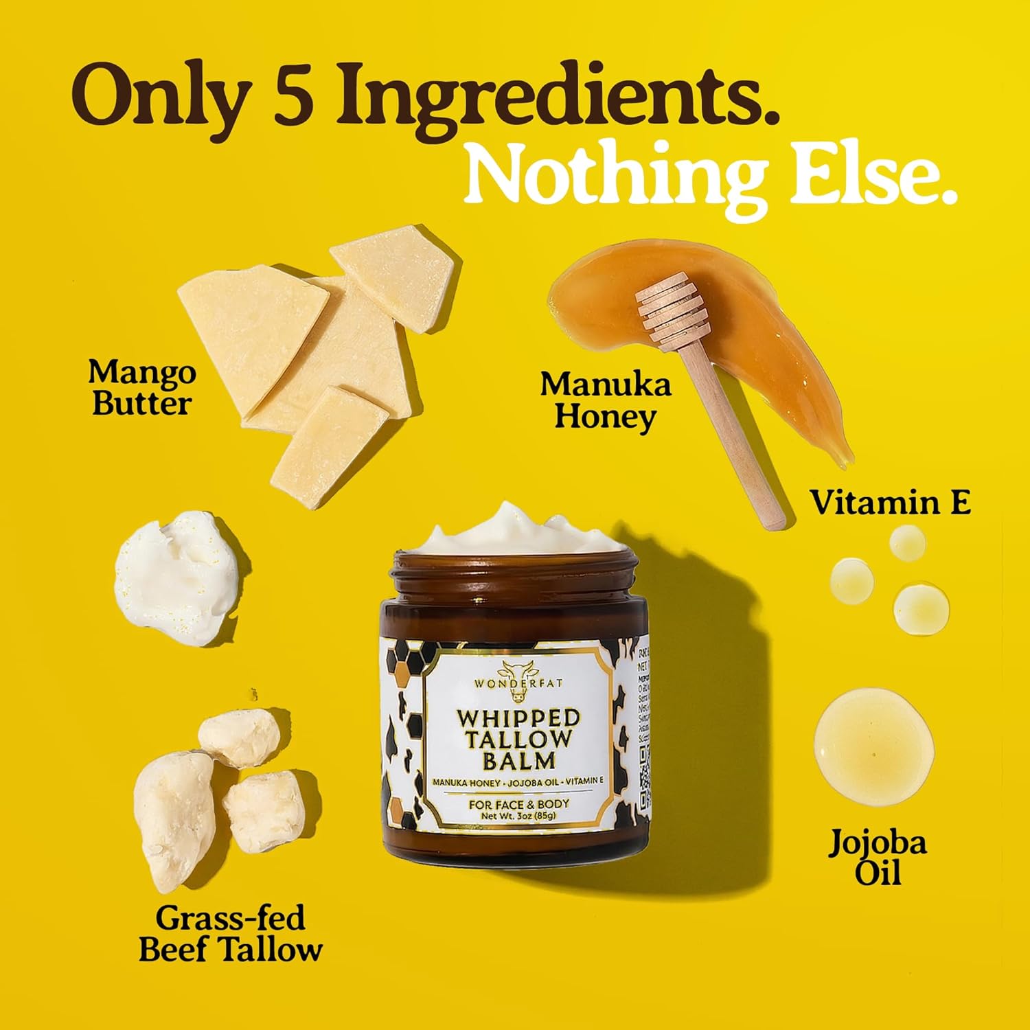 Grass-Fed Whipped Tallow Balm, Face and Body Moisturizer with Manuka Honey, Fragrance Free Tallow Moisturizer for Sensitive Skin, Beef tallow for skin, Lightweight Tallow Cream, 3 oz